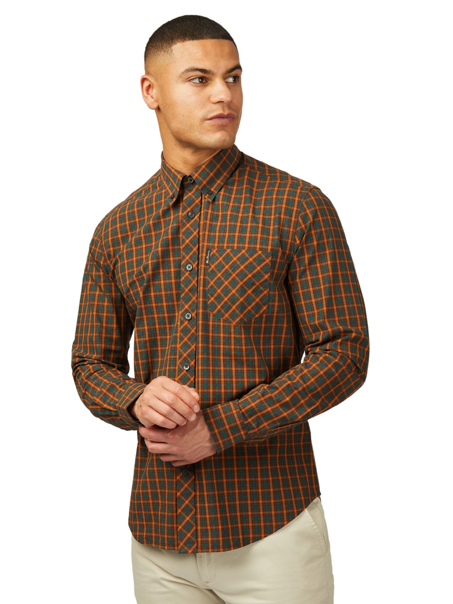 Ben Sherman Men's Orange Signature House Check Shirt, Long Sleeved, Button-Down Collar (Orange) Xxl