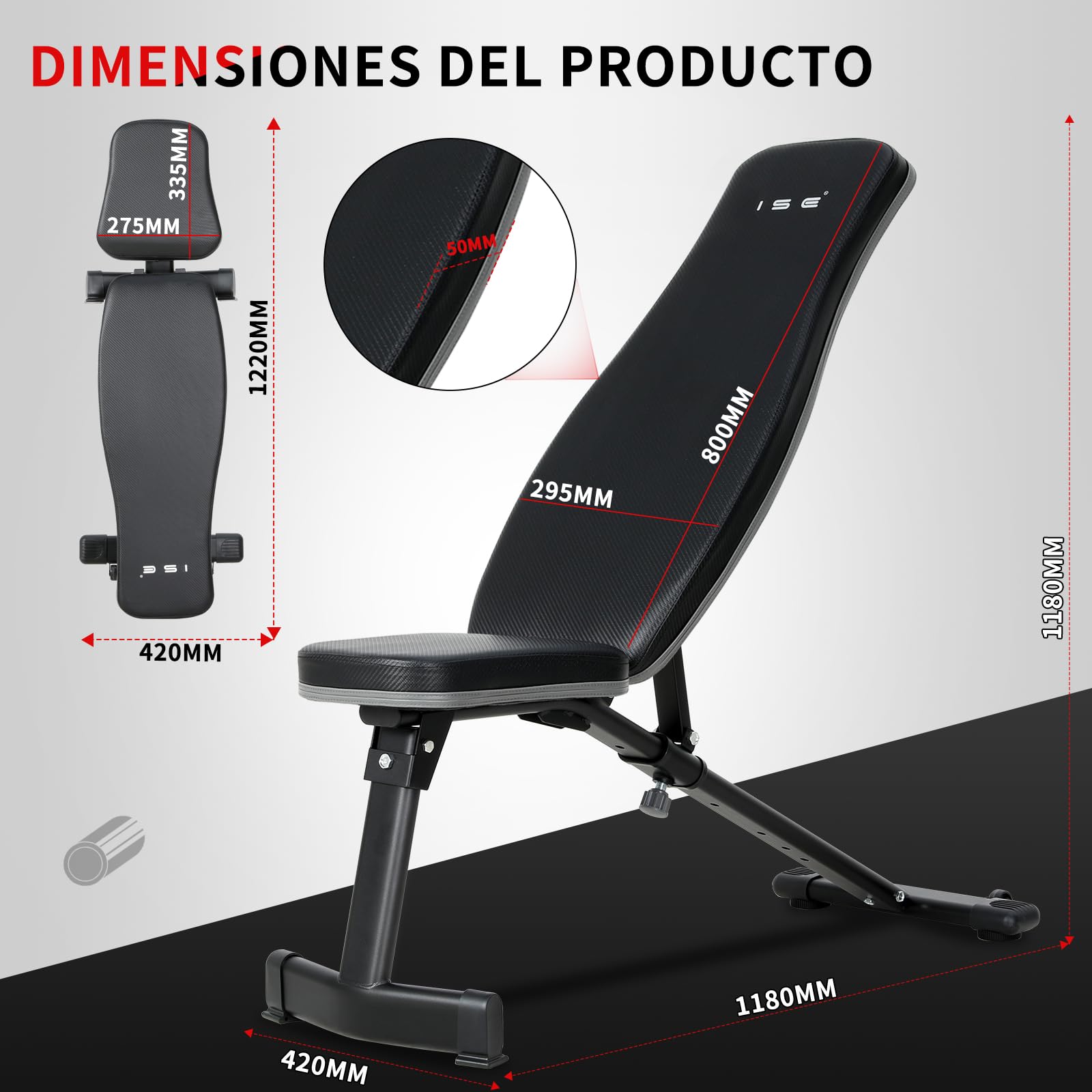 ISE Banco de Pesas Musculación Ajustable Plegable Multifuncional Inclinable Reclinable, Banco de Peso Plano Declinado Inclinado Abdominales para Fitness Entrenamiento Profesional con Respaldo