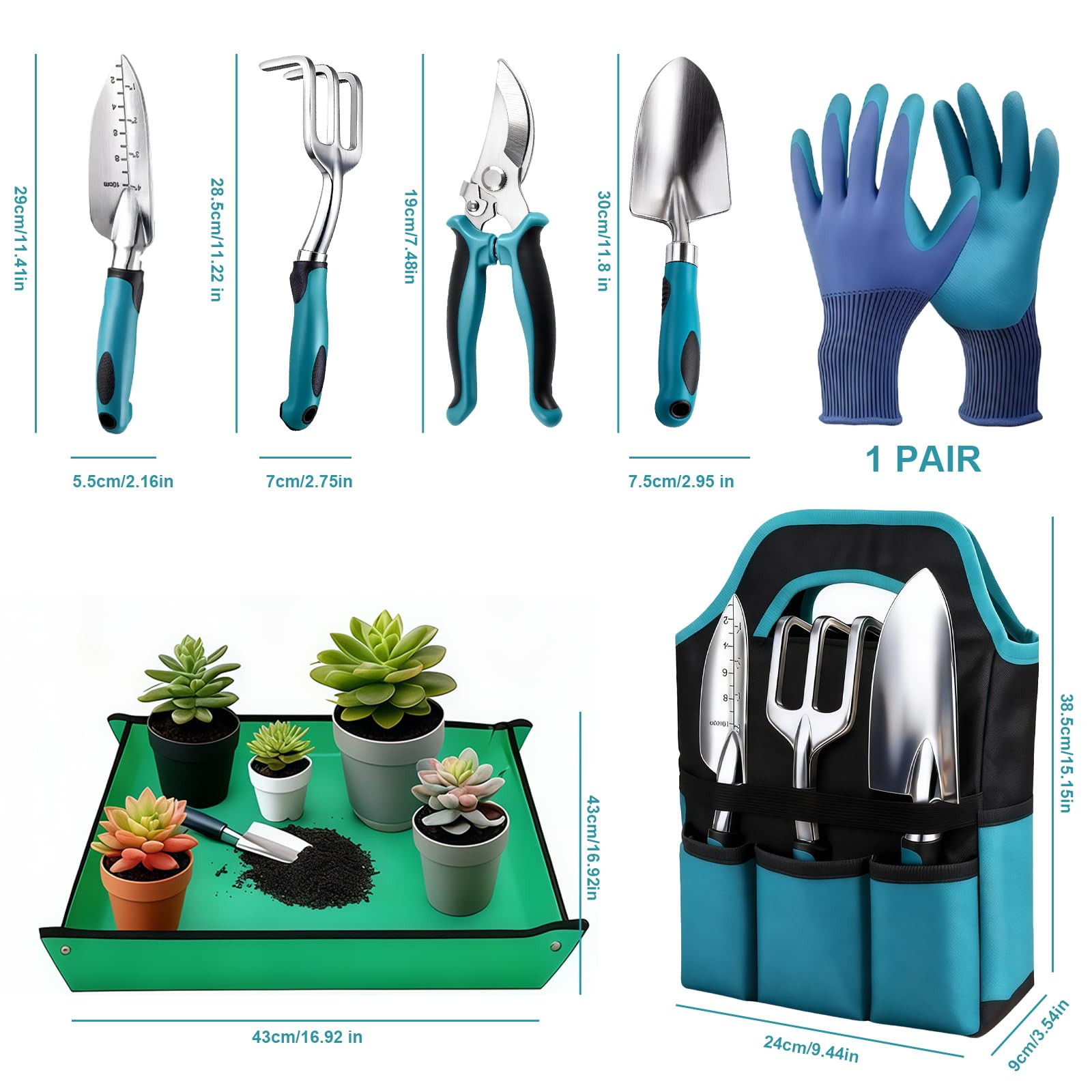 Kit Giardinaggio 7 Pezzi, Attrezzi Giardinaggio in Alluminio con Manico Ergonomico Antiscivolo, Antiruggine e Borsa, Set Giardino Completo per Uomini e Donne