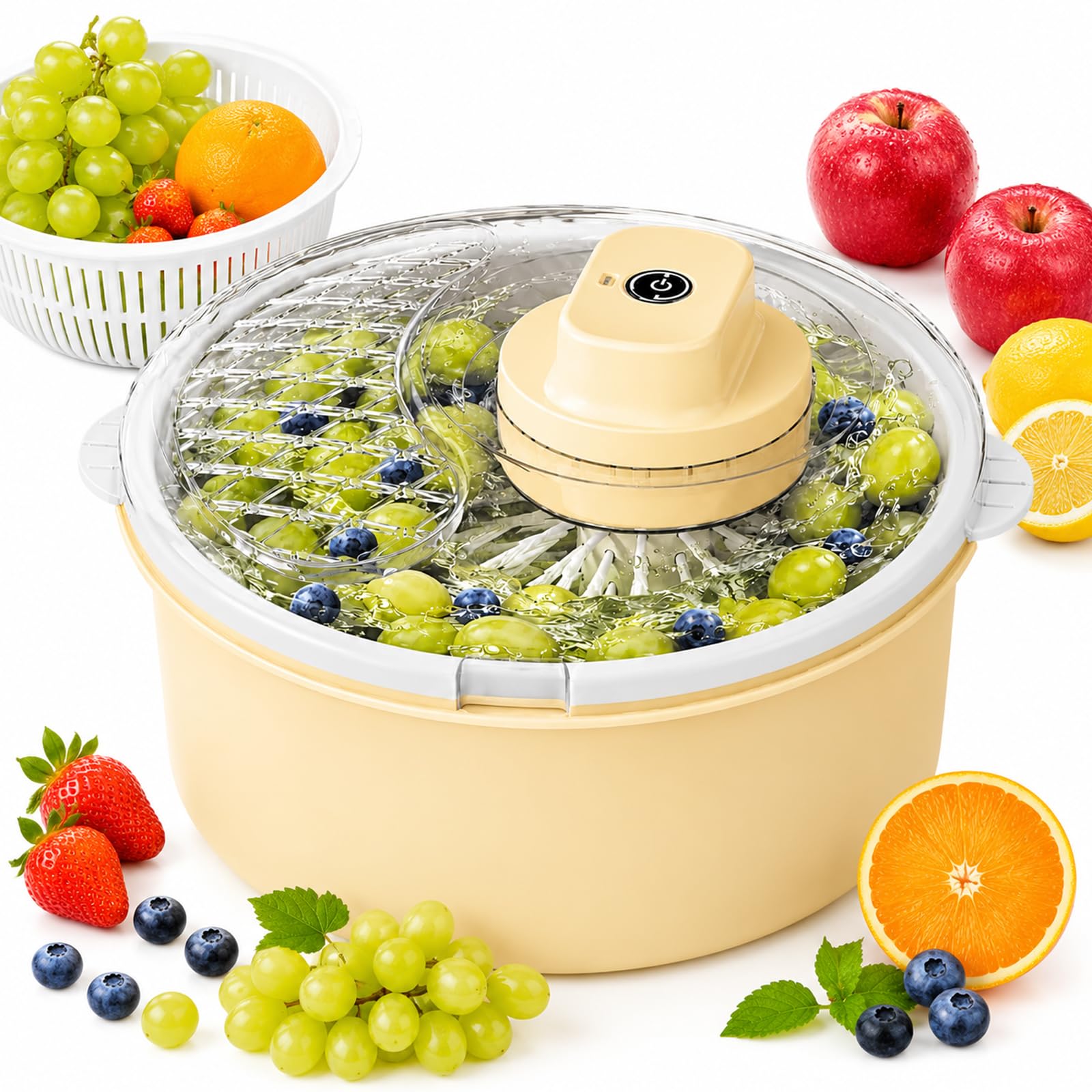 Centrifuga elettrica per Lavatrice per Frutta, Lavaggio e centrifuga a 360° | 12 testine e base antiscivolo, ciotola per la pulizia di frutta e verdura, per insalata di lattuga(yellow)