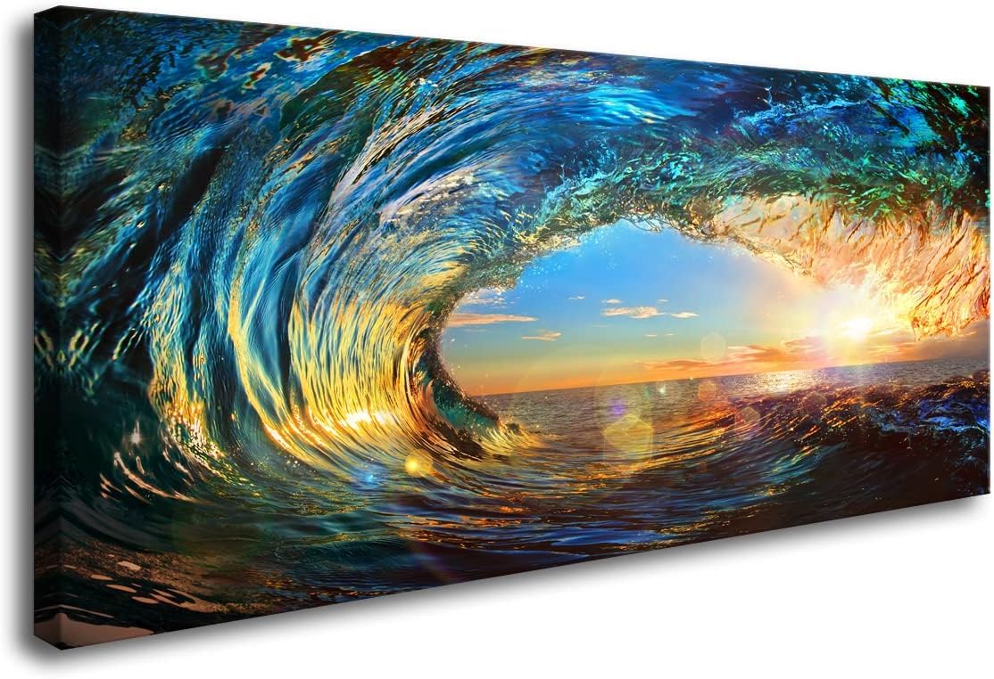 lianyibo Giant Wave Water Canvas Wall Art Ocean Waves Paintings with Sunset Blue Seascape Posters Prints for Living Room Decor(90x180cm/Frameless)