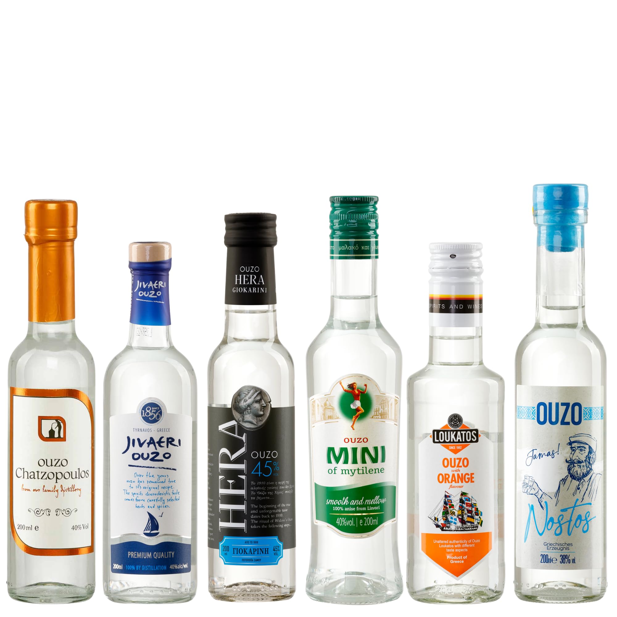 OUZO Probierset 6x 200ml | Feinster Ouzo aus Griechenland | Variante 2 | Nostos, Loukatos Orange, Mini Mytilini, Jivaeri, Hera, Chatzopoulos