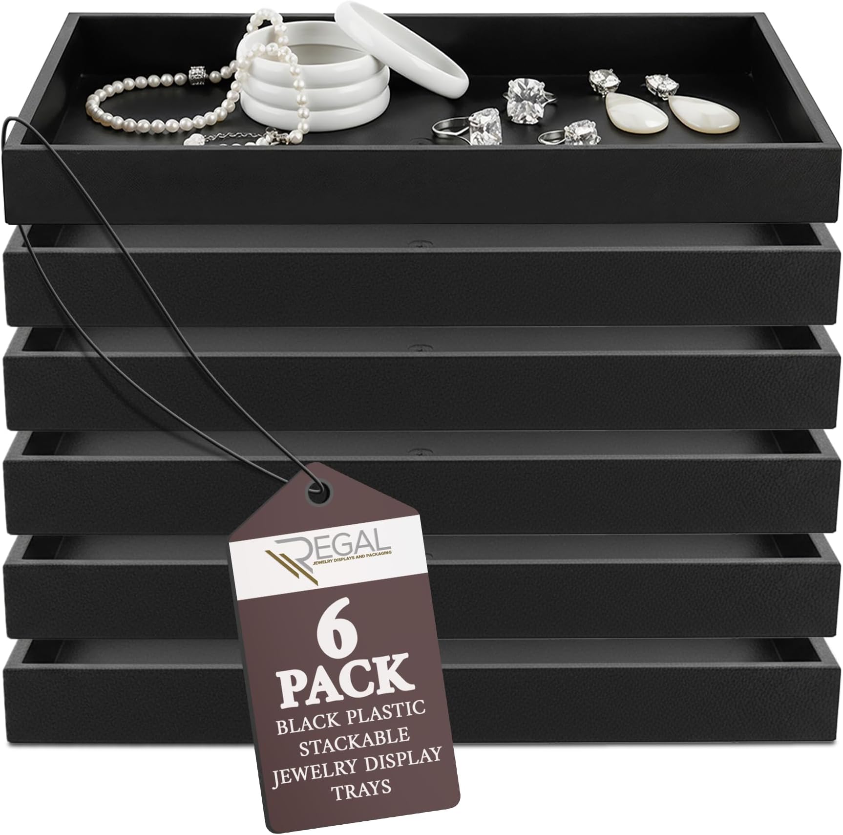 RJ Displays Stackable Jewelry Tray Set, Stackable Plastic Jewelry Organizer Tray, Jewelrys Drawer, Drawers Inserts, Earring Organizer for Women Perfect Trays 14.75x8.25x1 in (Black, 6 Pack)