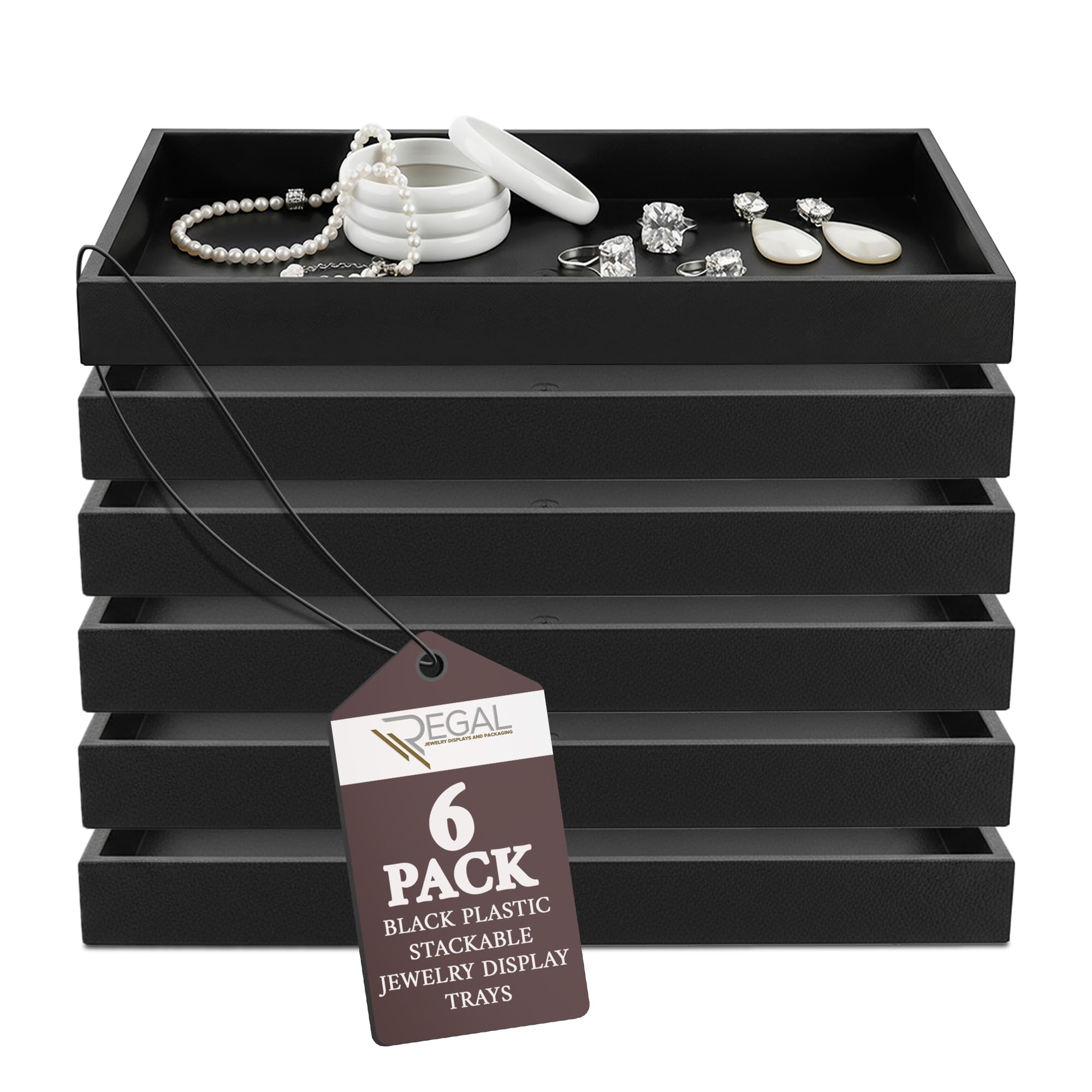 RJ Displays 6 Pack Stackable Jewelry Tray Set, Stackable Plastic Jewelry Organizer Tray, Jewelrys Drawer Organizers, Drawers Inserts, Earring Organizer for Women Perfect Trays (Black) 14.75x8.25x1 IN