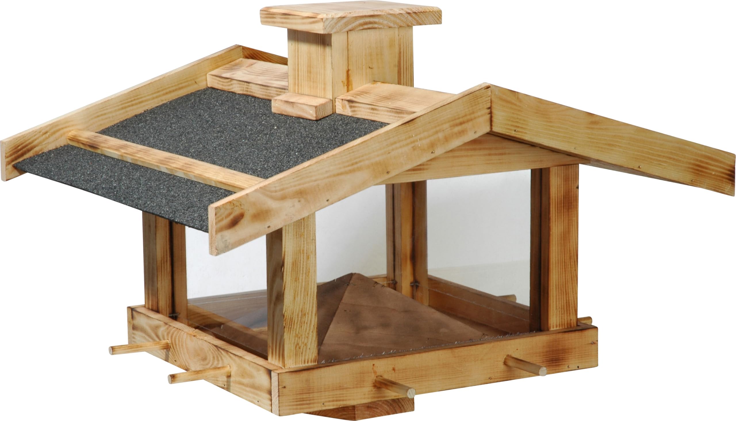 dobar® Geflammtes Vogelfutterhaus für Ständermontage - Vogelhaus für Wildvögel aus Massivholz - Futterstation zum Aufstellen - Wildvogelfutterplatz - 47 x 45 x 32 cm - Kiefer Bitumen