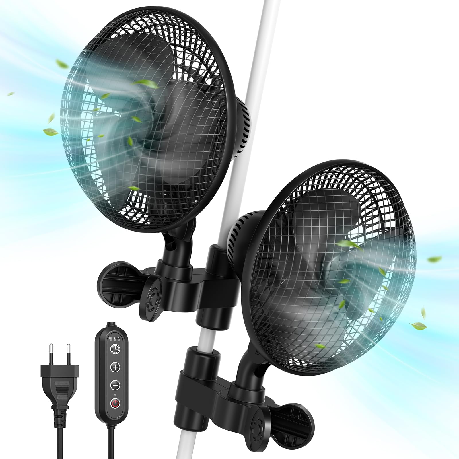 Lot de 2 ventilateurs à pince avec oscillation double, 315 CFM, 2 vitesses, 32dB, inclinaison verticale 120°+oscillation horizontale 90°, minuterie 2/4/8H, Pour tente de culture, serre, maison, bureau