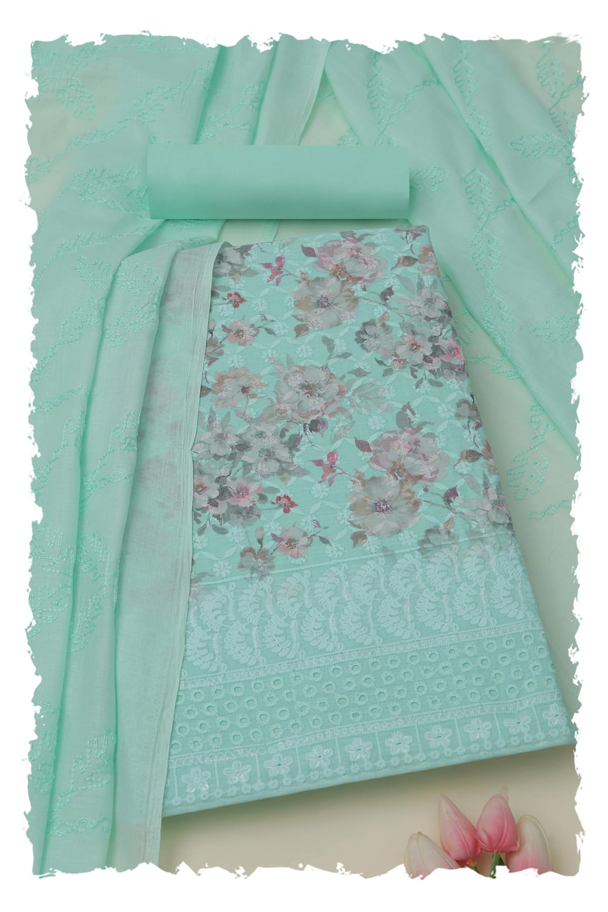 Womens Cotton Floral Print Unstitched Dress Material With Thread Work