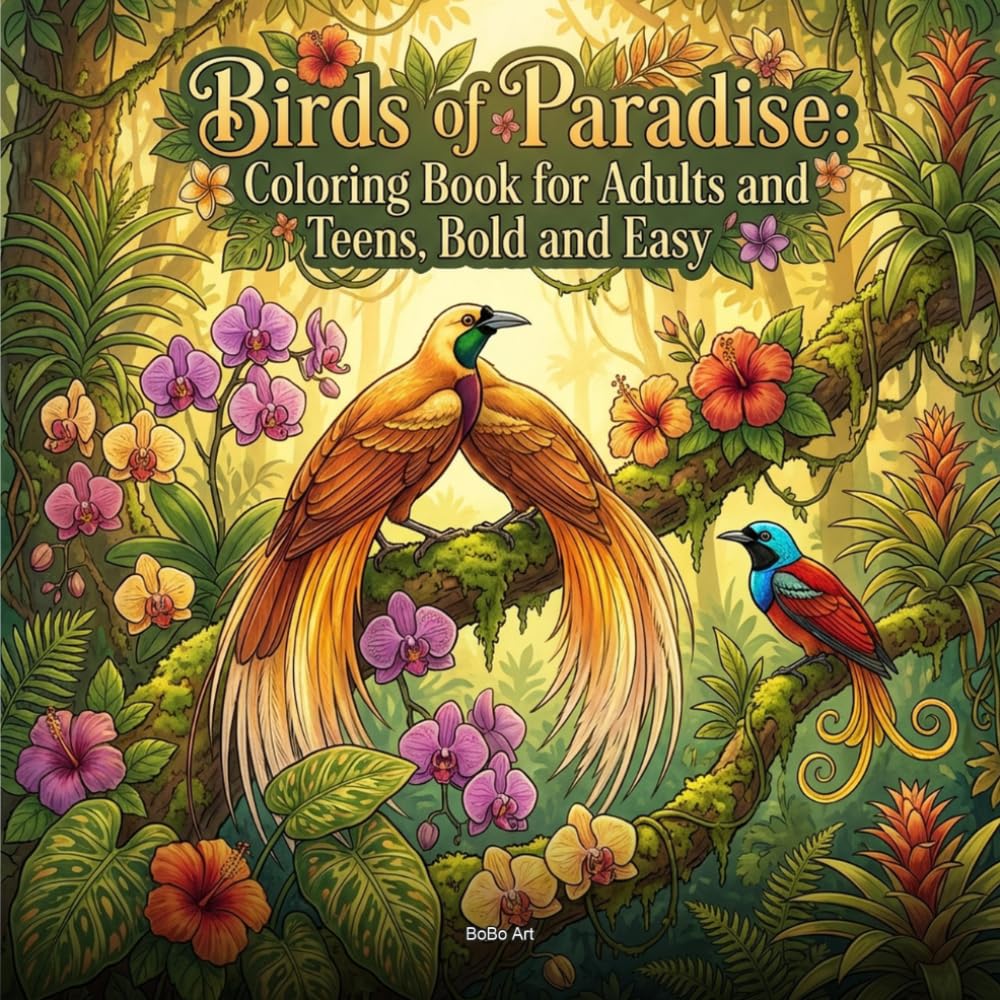 Birds of Paradise: Coloring Book for Adults and Teens, Bold and Easy: 50 Beautiful Bird Designs Featuring Exotic Tropical and Songbird Illustrations in Nature Scenes for Relaxation