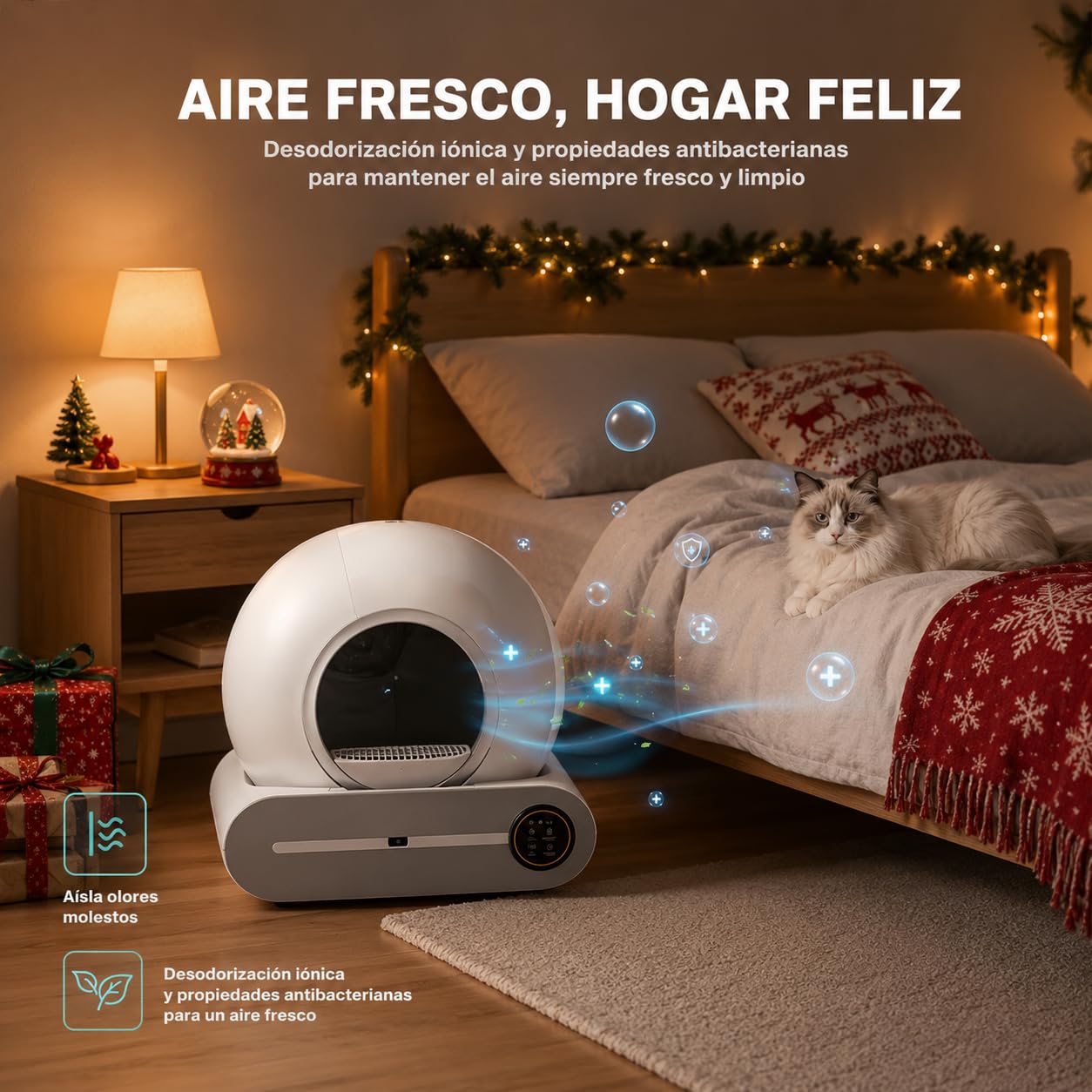 Arenero para Gato Autolimpiable 65L+9L, Arenero Inteligente Automático con Control App, Eliminación de Olores, Incluye 5 Rollos Bolsas Basura y 1 Tapete, para Varios Gatos