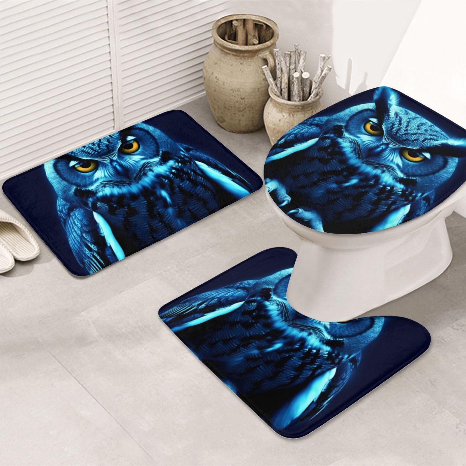 Tapis de salle de bain chouette bleue : lot antidérapant 3 pièces contre le carrelage glissant