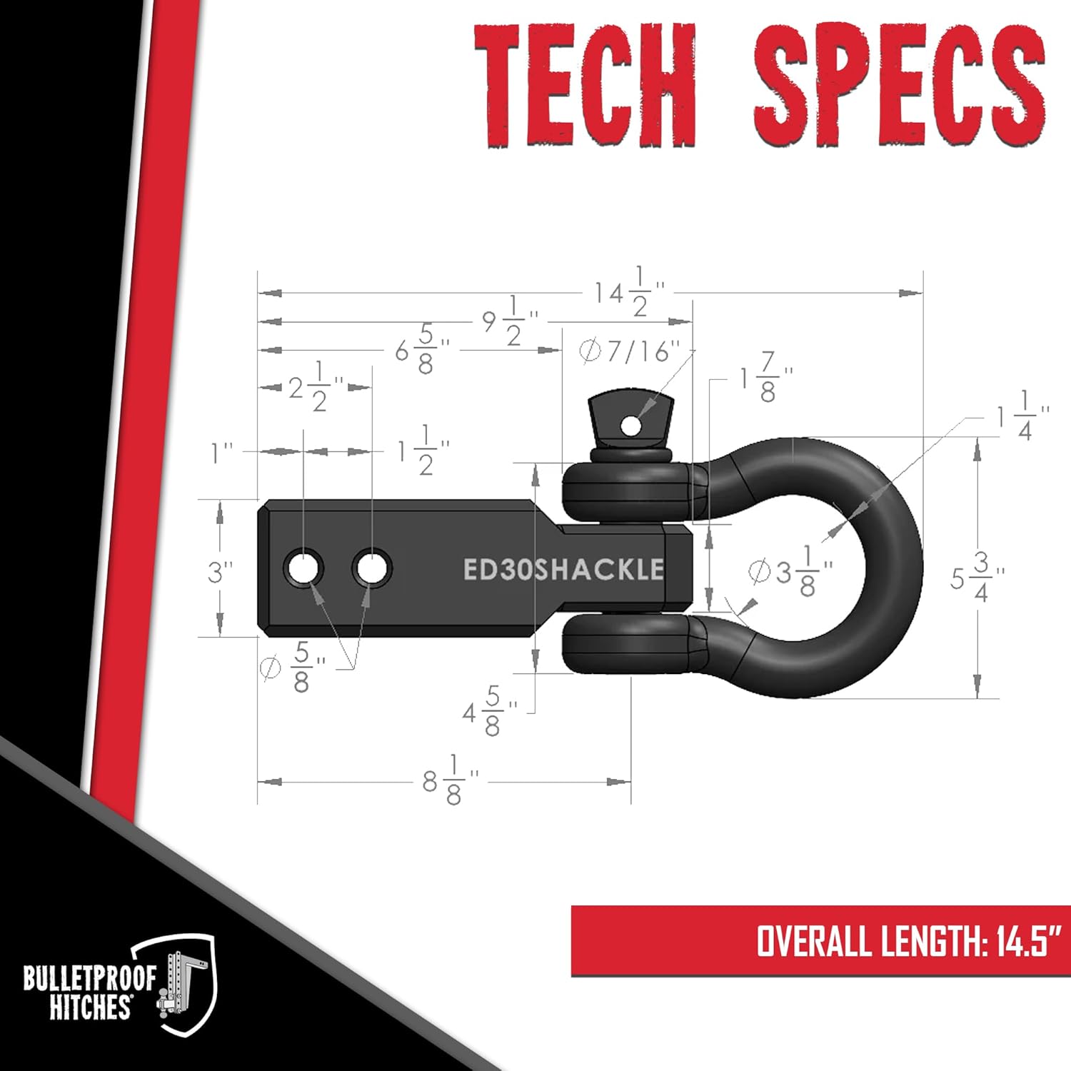 BulletProof Hitches - 3.0" Shackle Hitch Receiver with 36,000 lb. Rating and D-Ring/Clevis - Tow Hitch Shackle for 3.0" Receivers - Extreme Duty, Solid Steel, Black Powder Coat