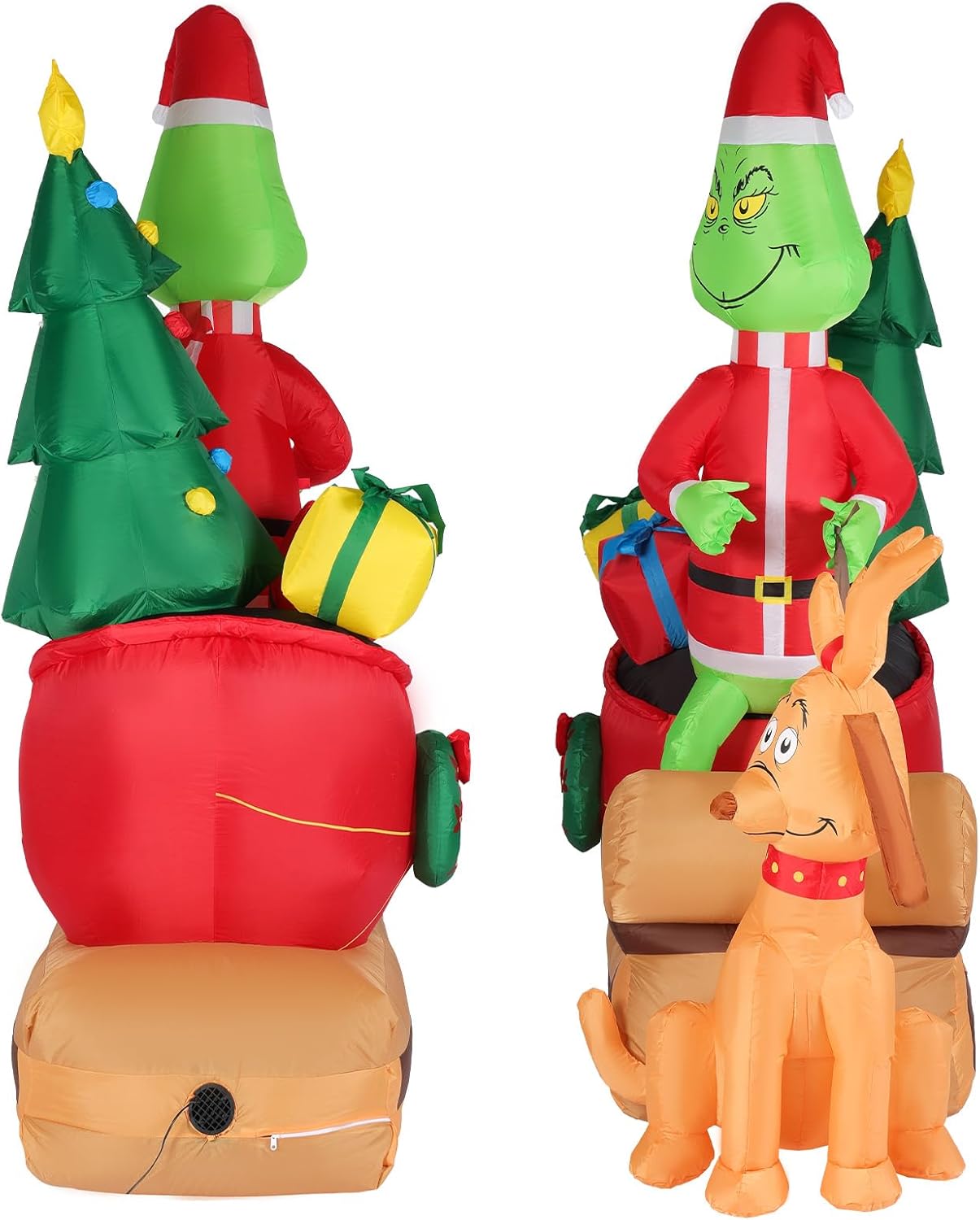 7FT Christmas Inflatable Outdoor Decoration, Green Monster and Dog Max on Sleigh with LED Lights Blow Up Yard Decorations Outdoor Lawn Garden Christmas Inflatable Decorations