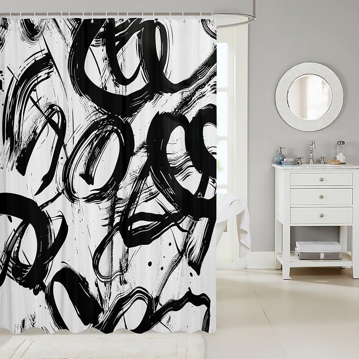 Schwarz Graffiti Duschvorhang 240 x 200 cm (B x H) Moderne Geometrie Duschvorhang Wasserdich Stoff Waschbar, Abstract Badezimmer Dekor für Dusche und Badewanne