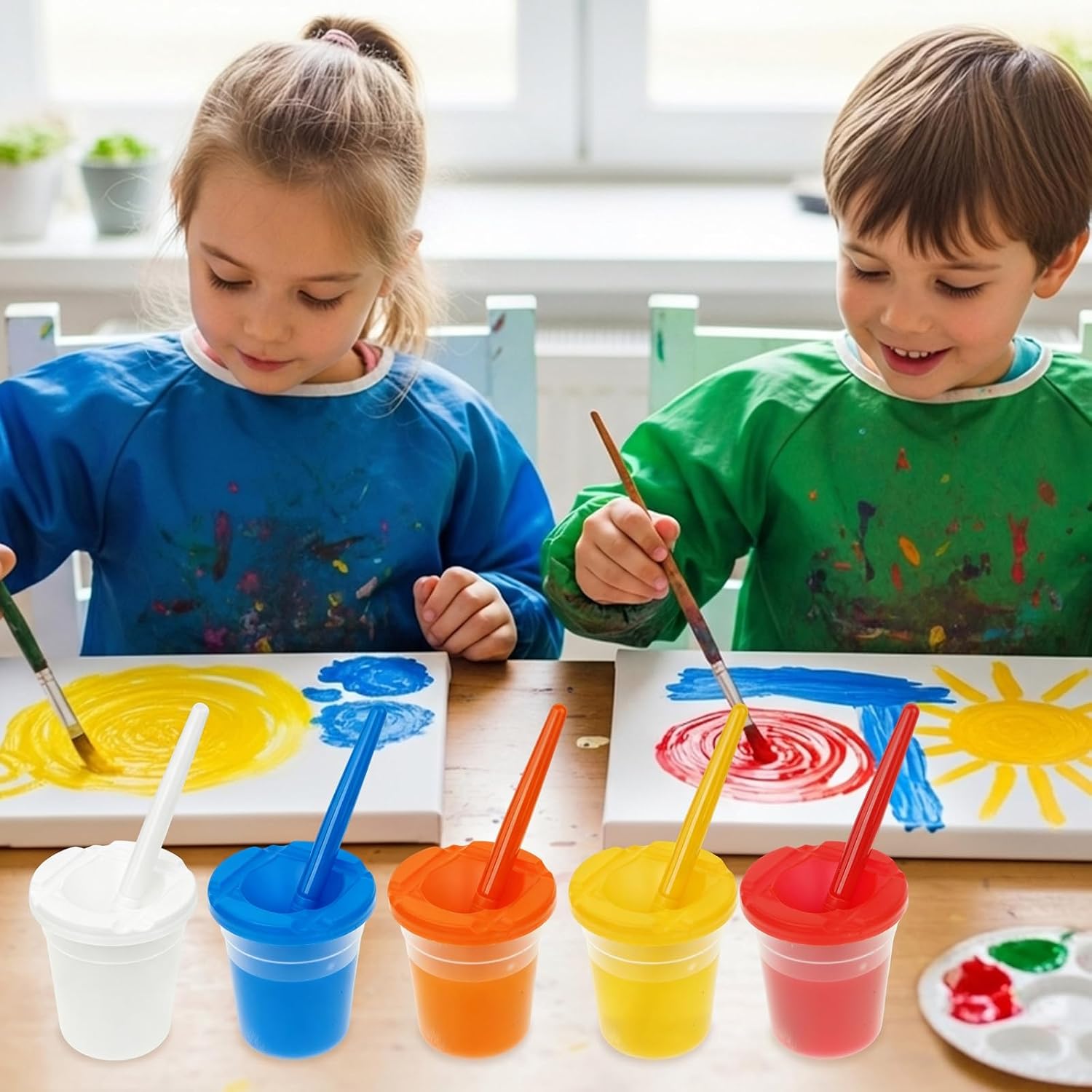 No Spill Paint Cups with Lids 8 Pcs Colorful Spill Containers and 8 Kids Round Paints Brushes Children and Young Artists Painting Use