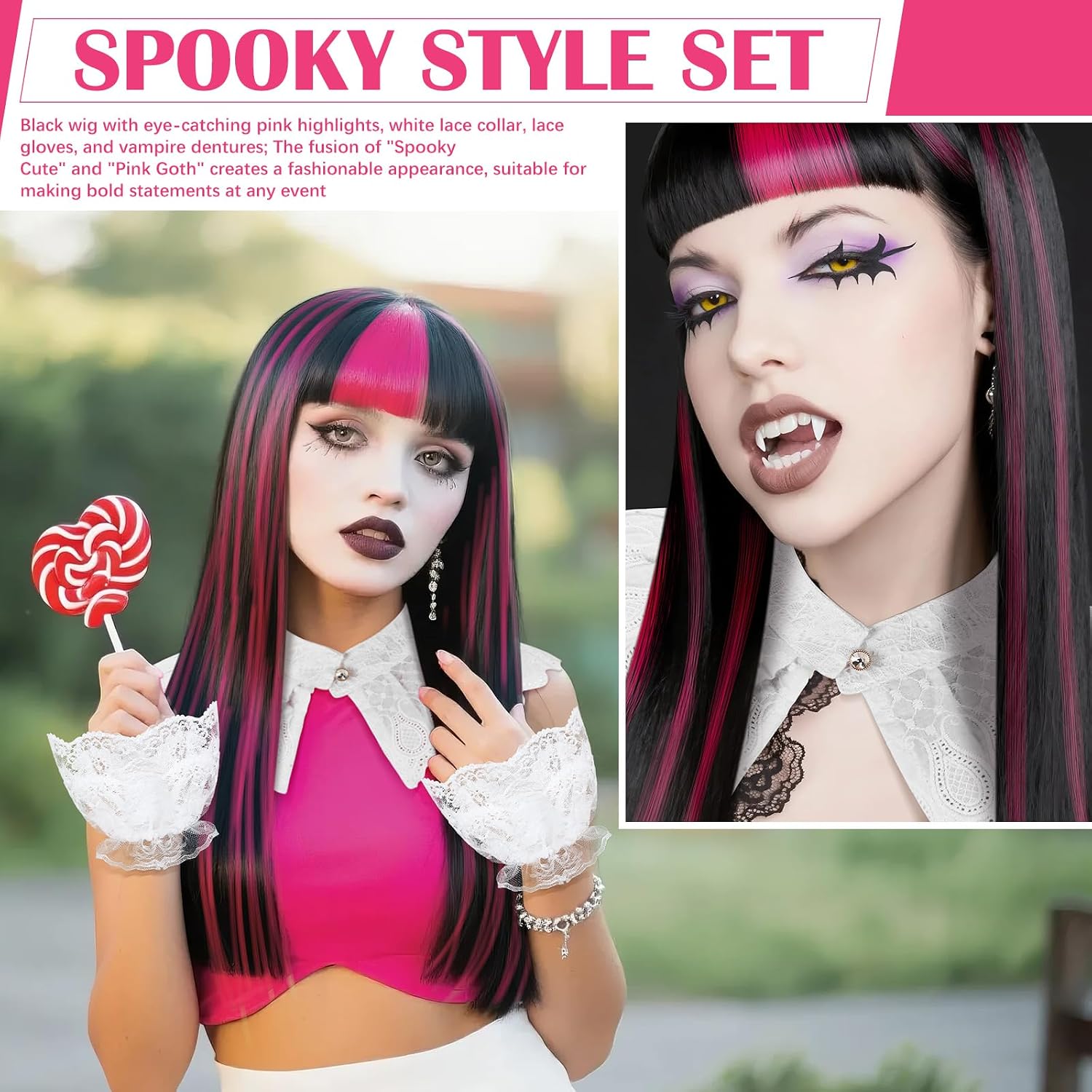 Newcotte 4 Pcs Halloween Vampire Costume Set Pink Black Wig with White Lace Ruffle Collar Lace Gloves Vampire Fake Teeth Fangs Spooky Cute Gothic Halloween Cosplay Accessories for Teenage Women Outfit