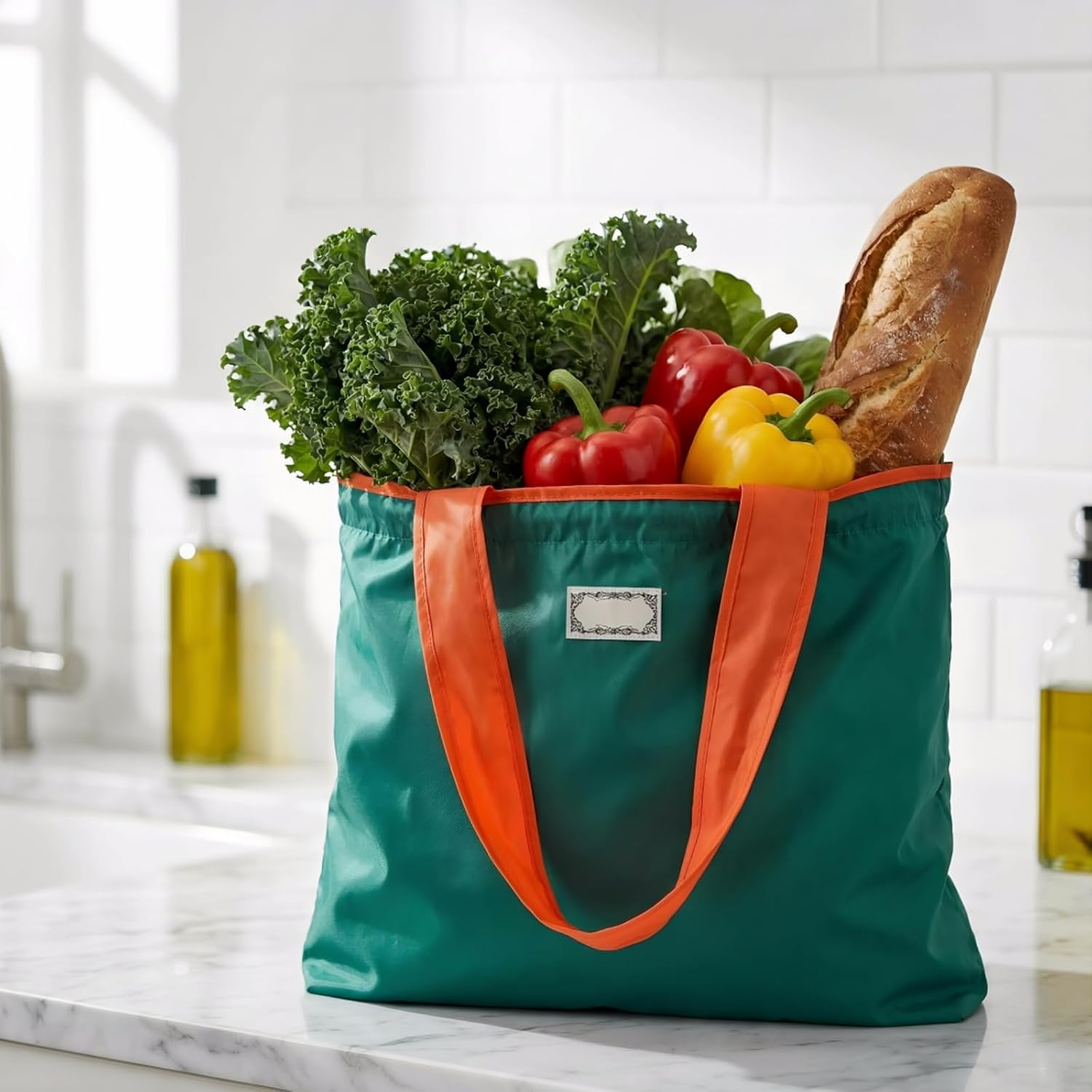 Covzoe 4 Pack Reusable Shopping Bags with Handles | Foldable Grocery Bags Fits in Pocket, Large Washable Tote Bag Beach Bag for Kitchen Travel Shopping, Drawstring Closure
