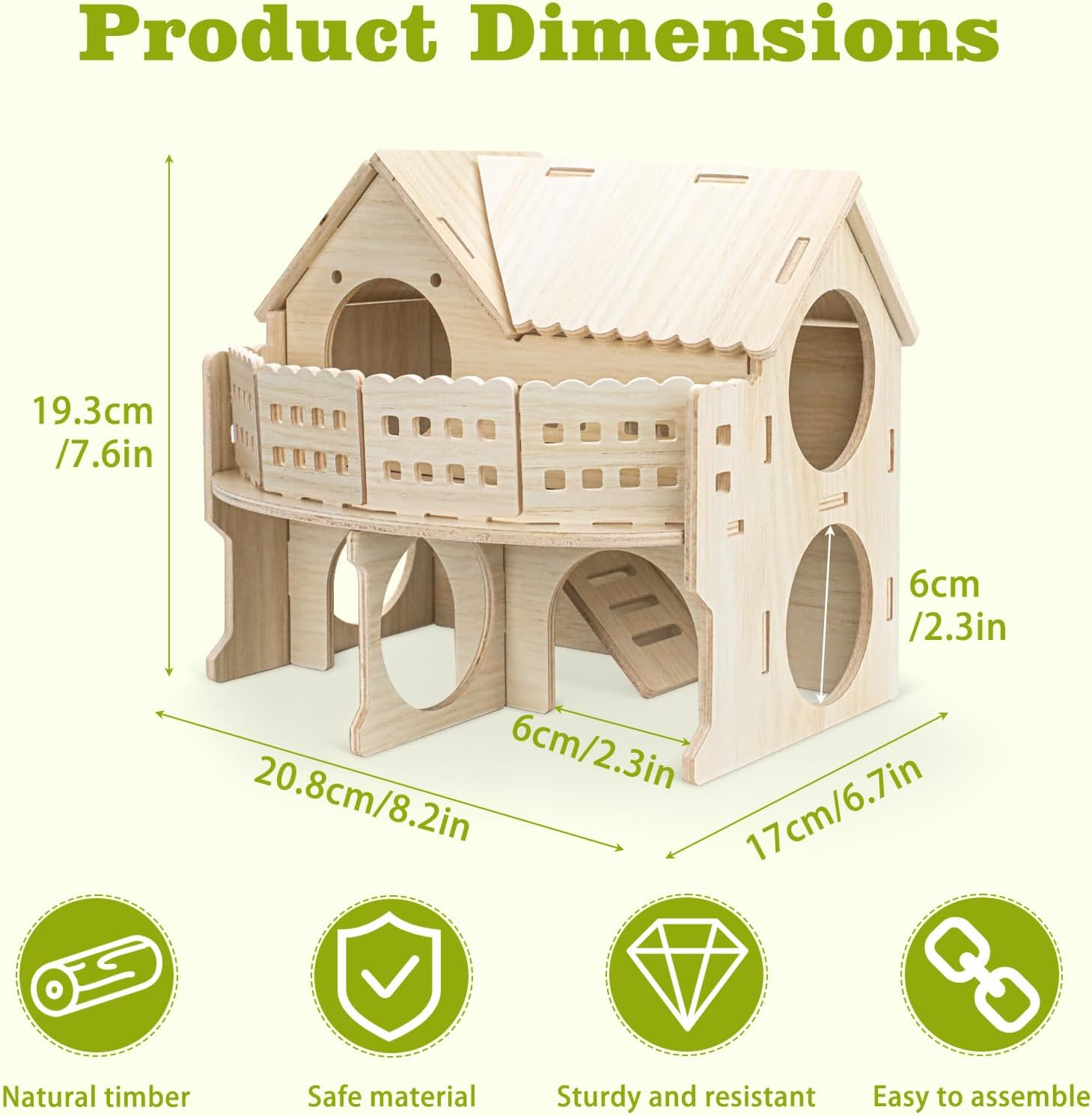 Wooden Hamster House with Balcony, Small Animal Habitat Double-Decker Forest-Style Hut Chew Toys for Dwarf Hamsters, Gerbils, Small Pets (Hole Diameter 6 CM) image 2