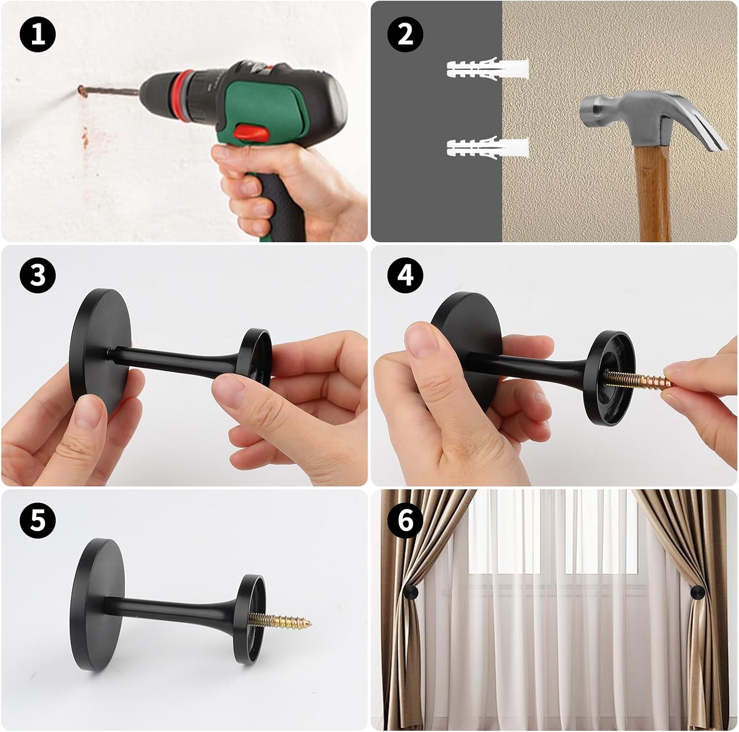 ​2 Pack Black Curtain Tiebacks,Wall Mounted Zinc Alloy Holdbacks with Screws, Decorative Metal Hooks,Curtain Holders for Drapes and Window Treatments in Home or Office