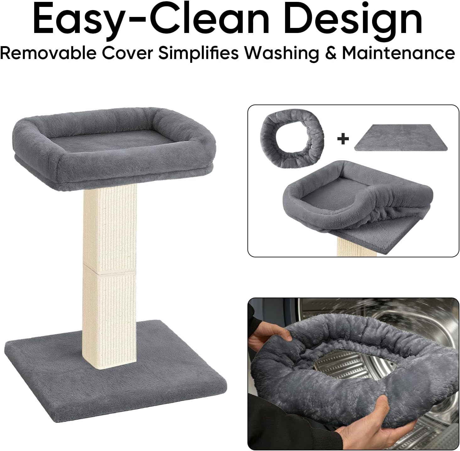 Cat Scratching Post, 32”Cat Scratcher with Large Plush Perch, Sisal & Carpet Scratching Post, Vertical Posts with Elevated Bed for Indoor Cats, Removable& Washable Cover, Grey