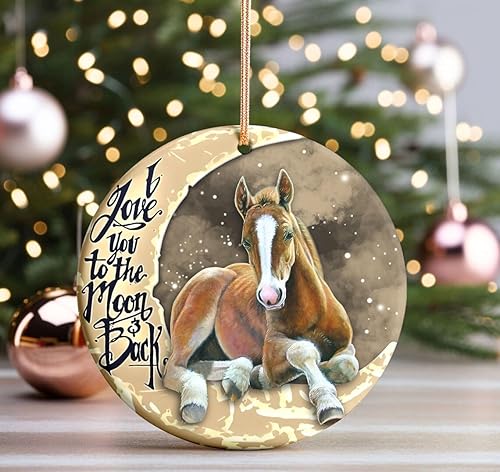 Miniatura 9 de Adorno de Navidad 2024  Horse I Love You to The Moon and Back - Adorno circular de cerámica  Decoración colgante para árbol de Navidad, regalo para