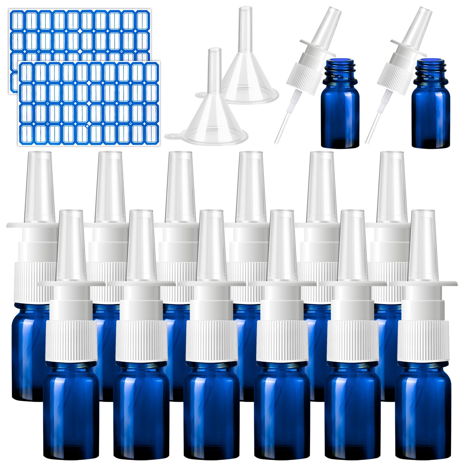 Photo 1 of ZHWKMYP 20 Pcs Nasal Spray Bottle, 5ML/0.17OZ 12 Pcs Blue Glass Refillable Nasal Spray Bottles Empty with 4 Funnels and 4 Labels