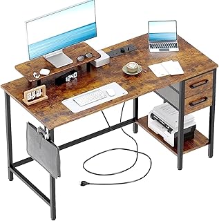 Schreibtisch mit Steckdosen, 2 Schubladen und Abnehmbarem Monitorständer, 100x50cm Umkehrbaren Computertisch PC Tisch für Heimbüro, Arbeitszimmer, Schlafzimmer, Braun