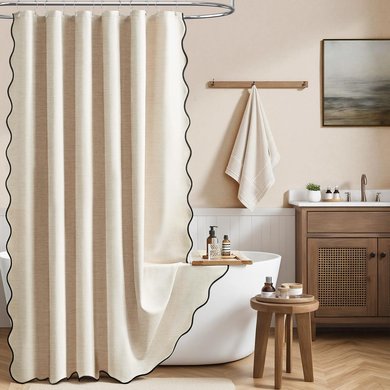Rideau de douche textile en faux lin crème de style bohème chic BTTN