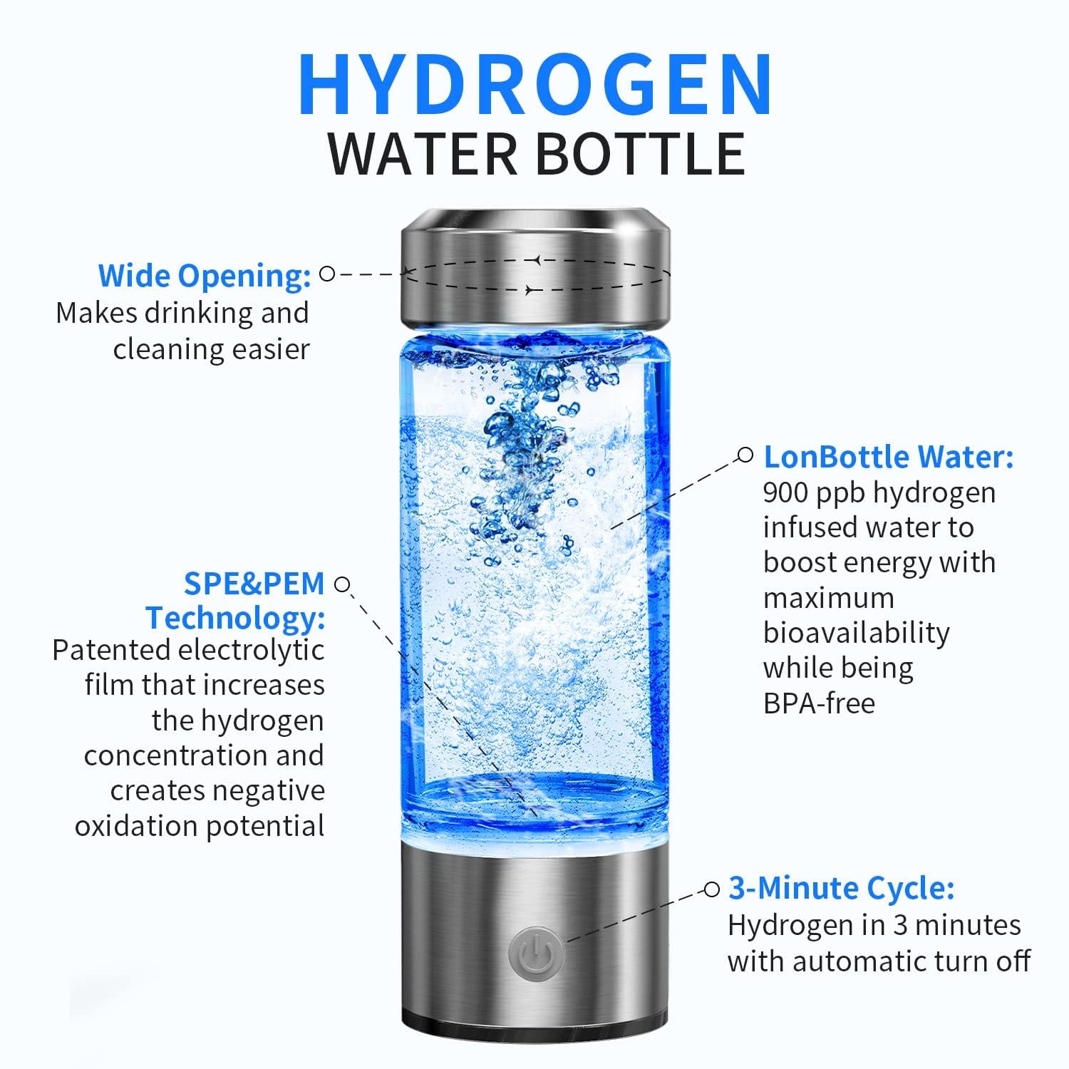 2025 Upgraded Hydrogen Water Bottle, Portable Hydrogen Water Ionizer Machine with SPE/PEM Tech, Hydrogen Water Generator, Rechargeable Hydrogen Rich Water Glass Health Cup for Home Travel (Silver) - Image 3