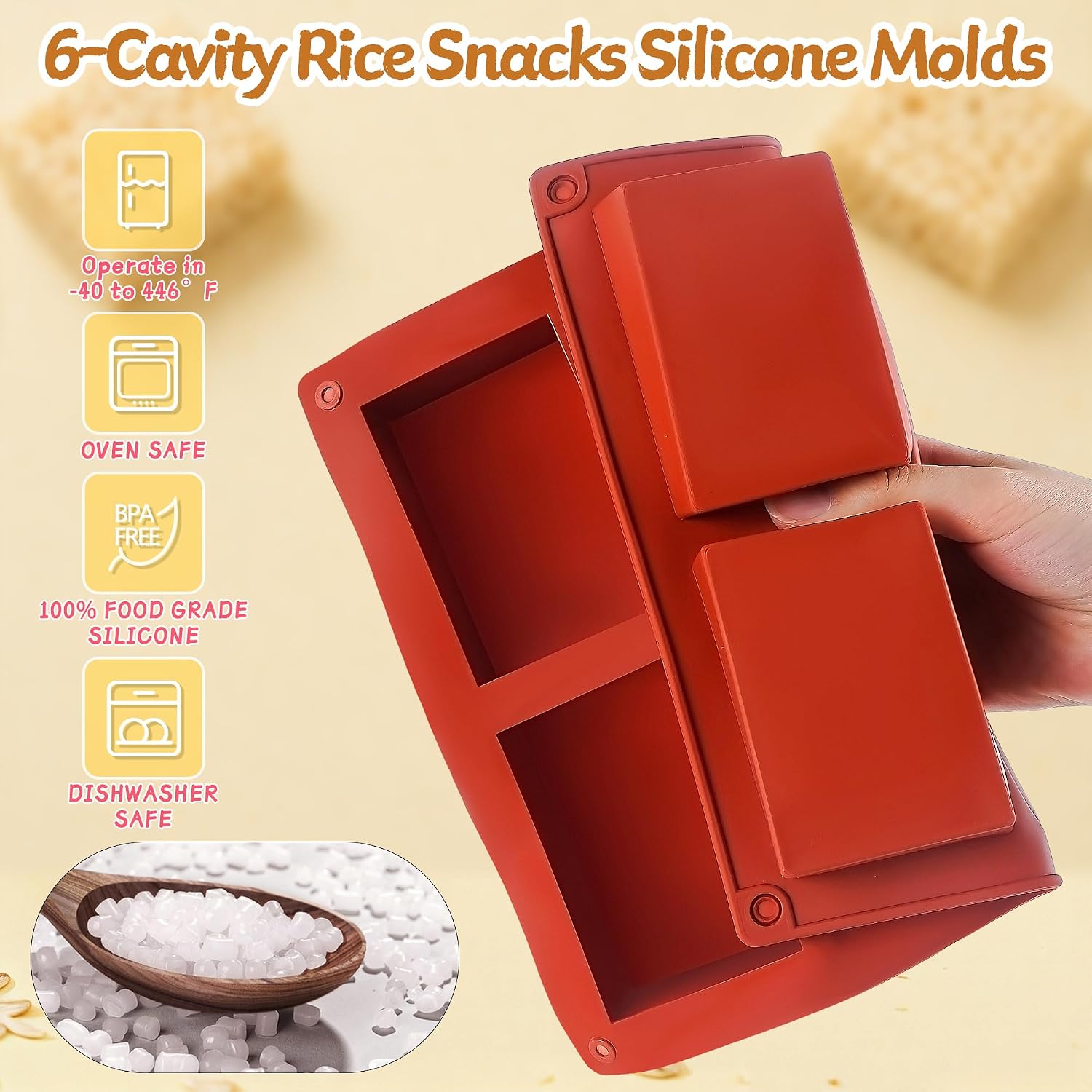 3Pcs Food-Grade Rice Snacks Molds, 6-Cavity Granola Bar Molds Silicone for Granola Bar Snacks, Non-stick Dubai Chocolate Molds for Chocolate, Brownie