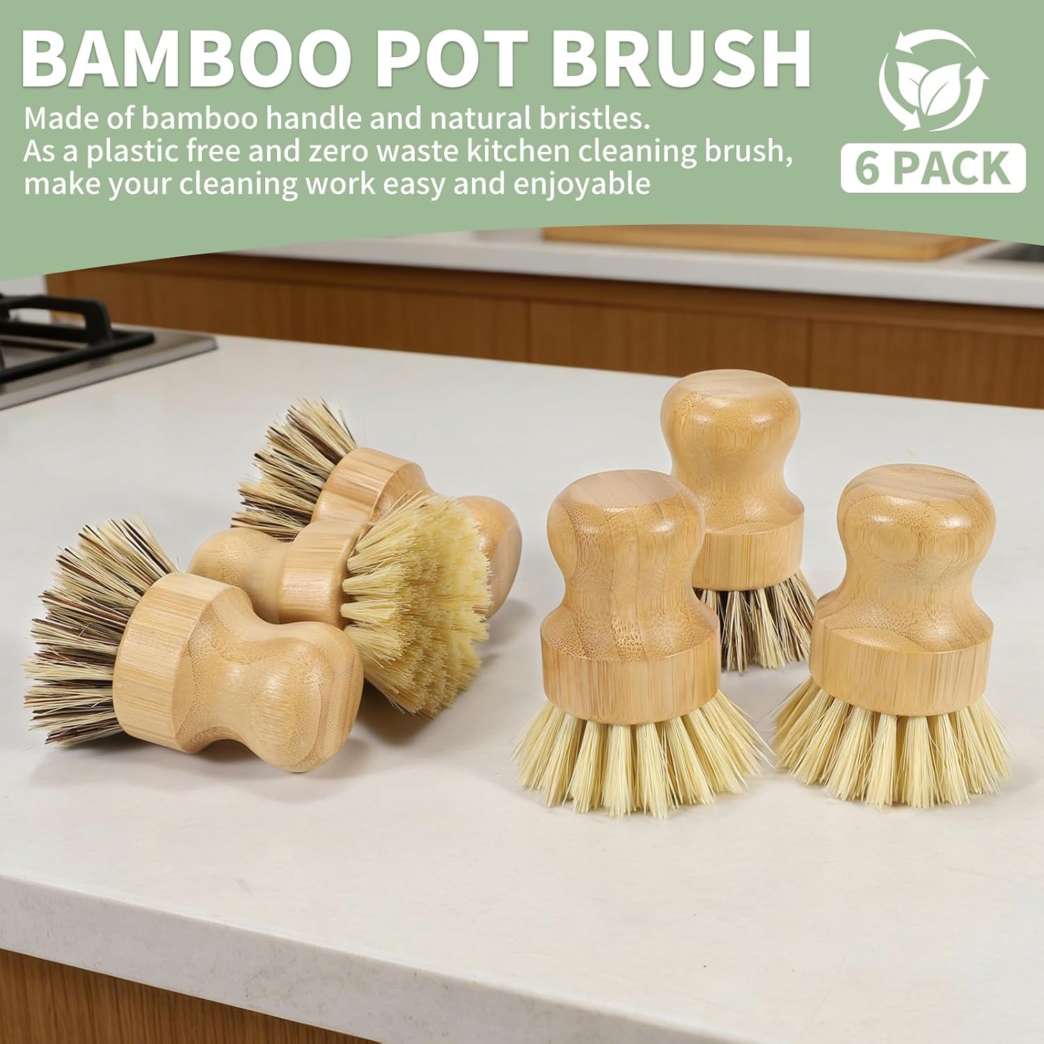 DEBETOOL 6 Pack Bamboo Dish Brush Set with Palm and Sisal Bristles