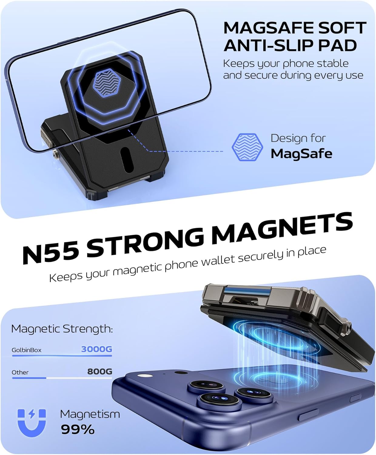 GolbinBox for MagSafe Wallet with Stand, Magnetic Phone Card Holder for Men, Holds 4 Cards with RFID Blocking, Slide-Open Metal Cover, Built-in Kickstand for iPhone 17/16/15/14/13/12 Series, Black