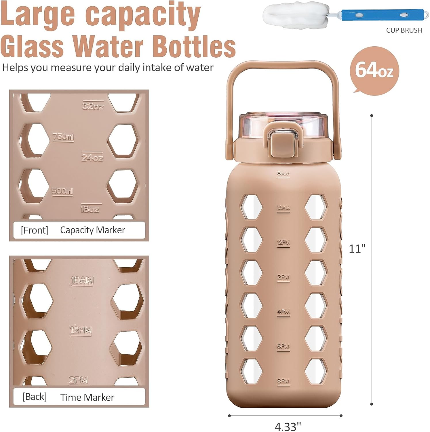 MUKOKO Half Gallon/64 oz Glass Water Bottles with Straw and Lid,Motivational Water Jug with Time Marker Reminder and Silicone Sleeve,100% Leakproof BPA Free Fitness Sports Large Bottle-Amber - Image 2