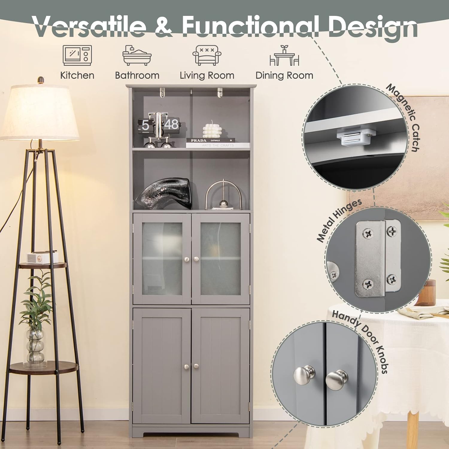 The IFANNY cabinet in a living room setting, with close-ups of the magnetic catch, metal hinges, and door knobs, illustrating its versatile and functional design.