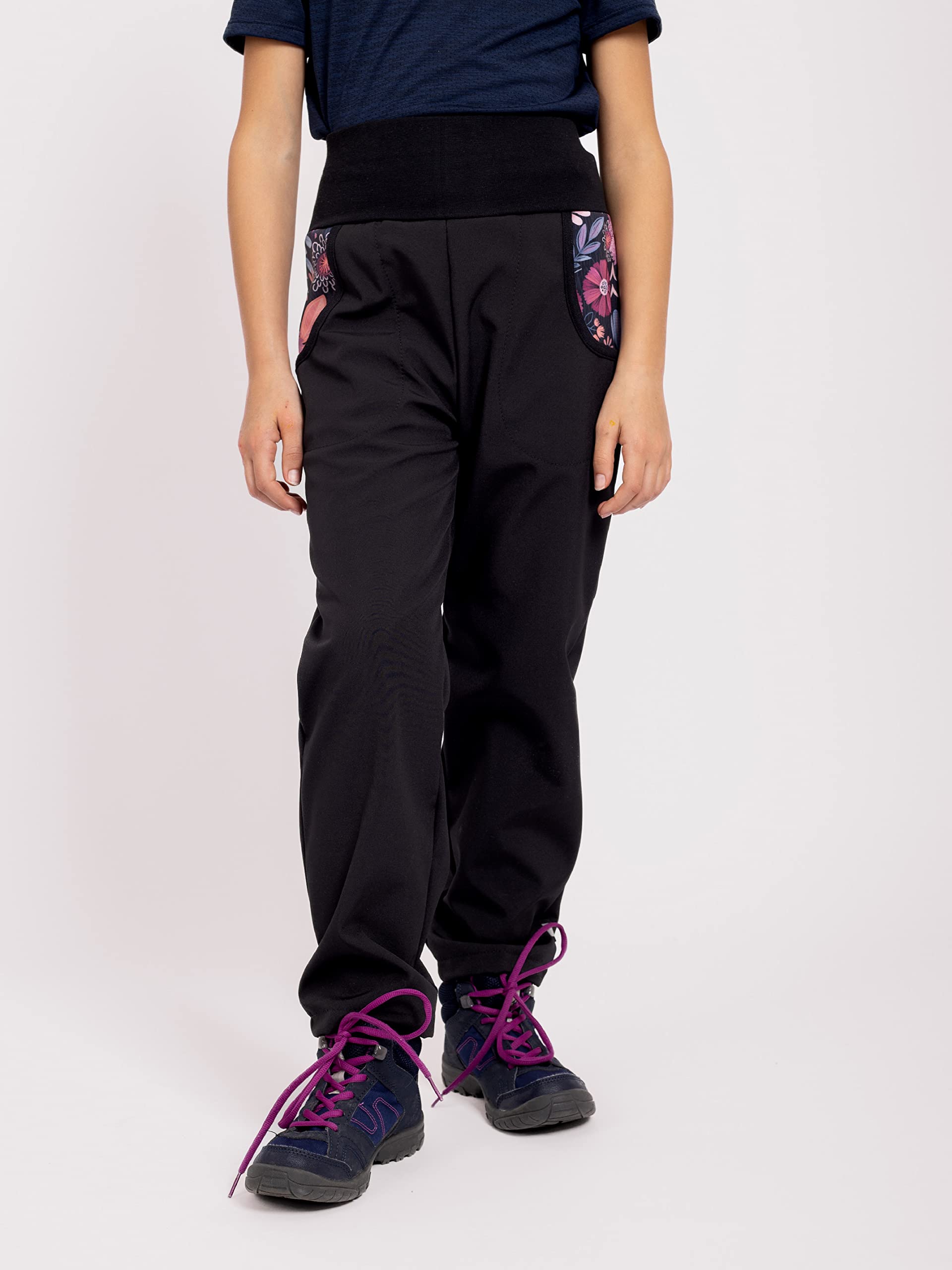 Kinder Softshellhose mit Fleece Basic, Schwarz, Magische Blumen