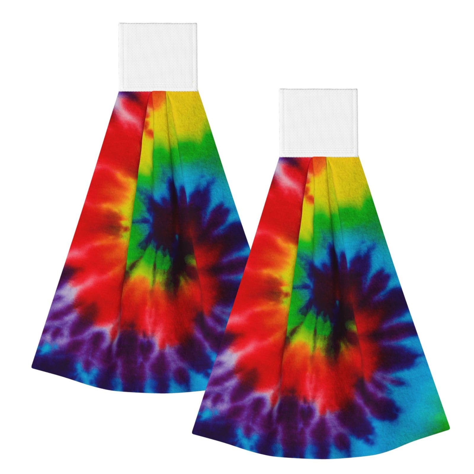 DOPKLNA Tie Dye Colorful Rainbow, 2 Pcs Hanging Coral Fiber Hand Towels for Bathroom, Absorbent Kitchen Towels