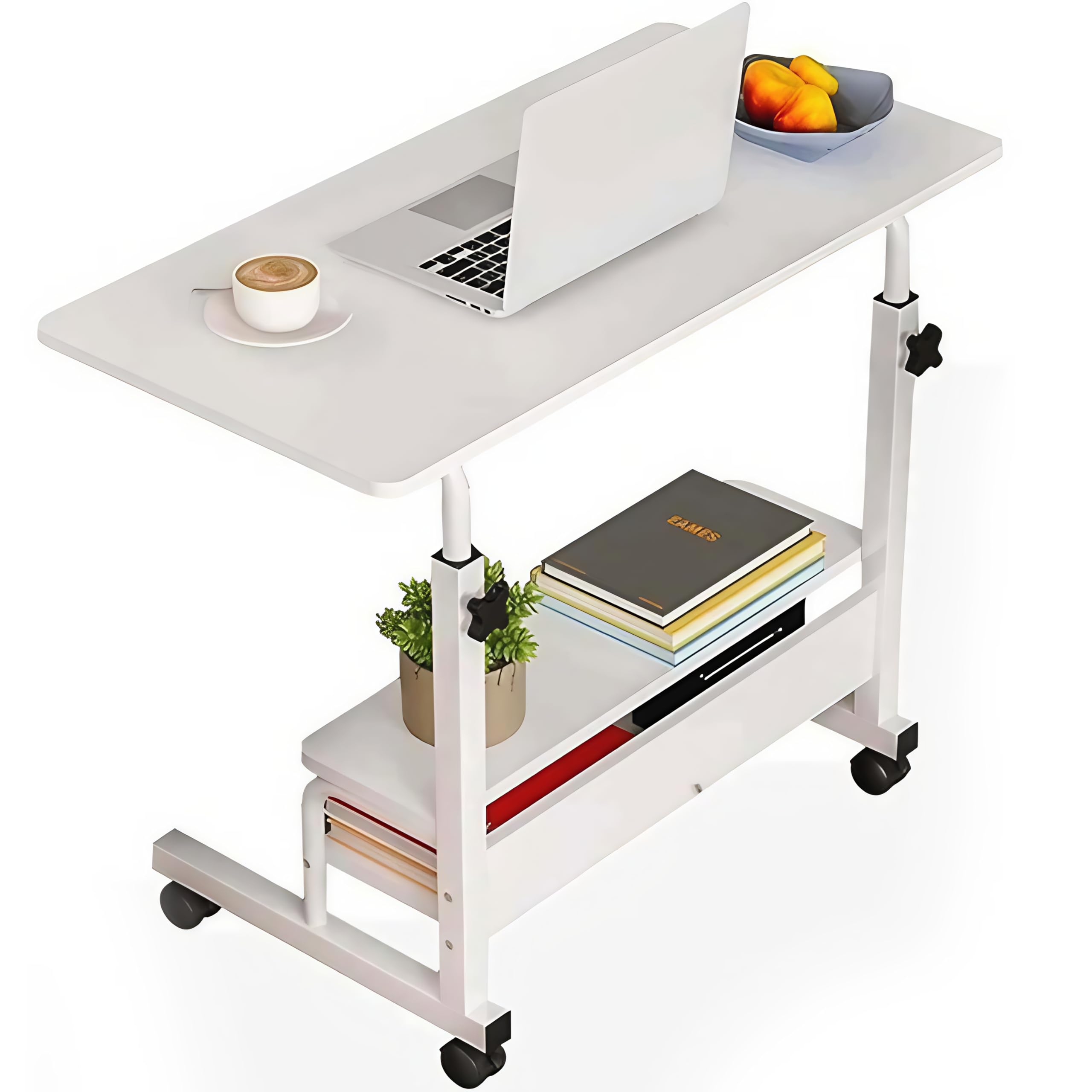 NTEK Height Adjustable Overbed Table—Portable Rolling Laptop Desk with Wheels & Storage Shelves—Mobile Workstation Tray Table for Bed, Sofa, Couch, Home Office, Breakfast & Study (White)