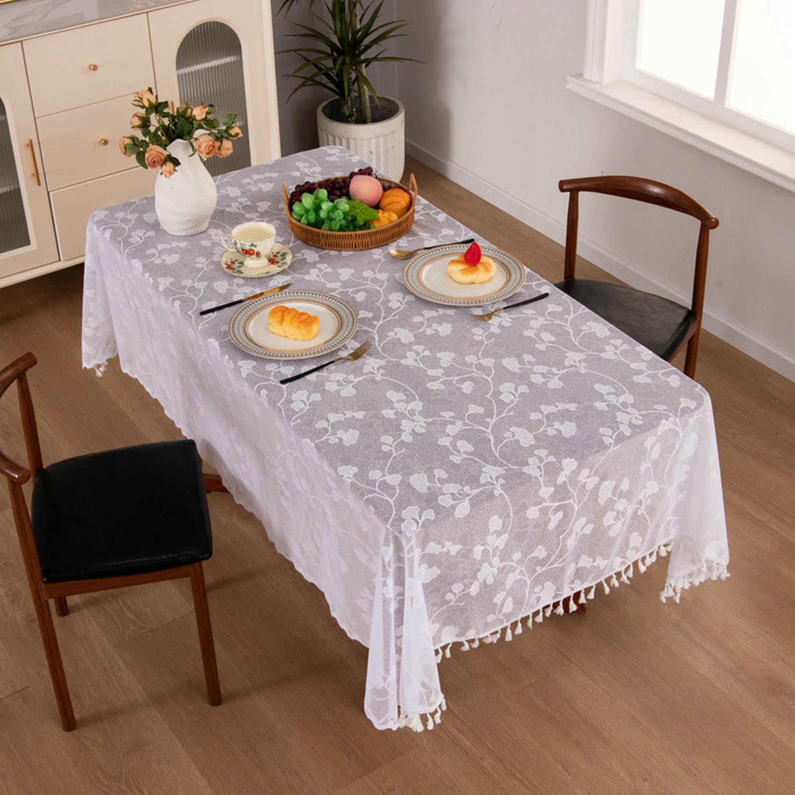 Mesnt Kitchen Table Cloths Rectangular, White Ginkgo Biloba Lace Decorative Table Cover for Kitchen | 140x60cm