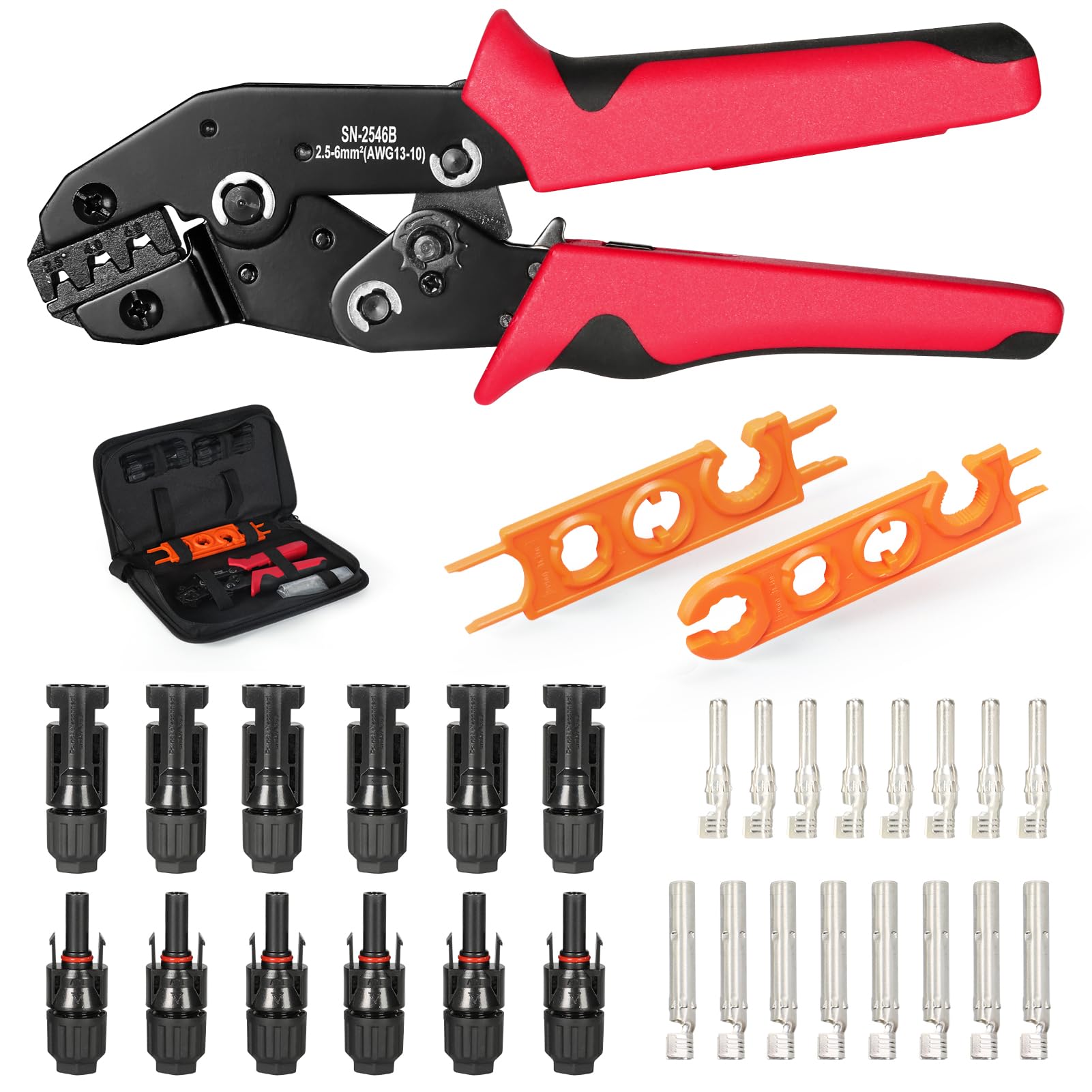 DEWIN Solar Crimping Tool Set, Solar Photovoltaic Crimping Pliers for 2.5/4/6mm² Solar Panel PV Cable with 6 Pairs Solar Connectors and 2Pcs Solar Panel Connector Wrench