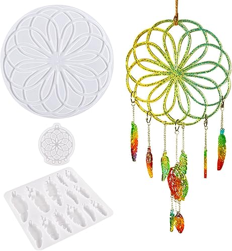 Woohome Moldes de silicona para atrapasueños para resina epoxi moldes de resina para atrapasueños kit de llavero colgante de plumas para colgar en