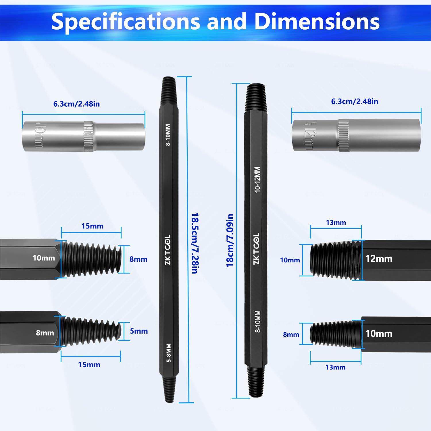 ZKTOOL Rimozione universale della candela rotta da 4 ~ 12 mm, estrattore di filo rotto, rubinetto con filettatura inversa, cono inverso, utilizzato per rimuovere candele bloccate o danneggiate, con