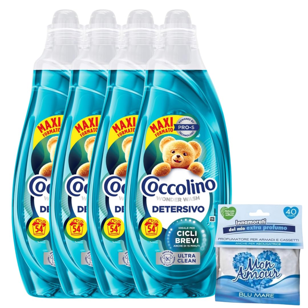 Coccolino Wonder Wash Ultra Clean 4 x 54 Lavaggi (216 Totali) – Detersivo Liquido Lavatrice 2160 ml x4 – Ideale per Cicli Brevi – Maxi Scorta Convenienza + Profumatore Mon Amour in Omaggio