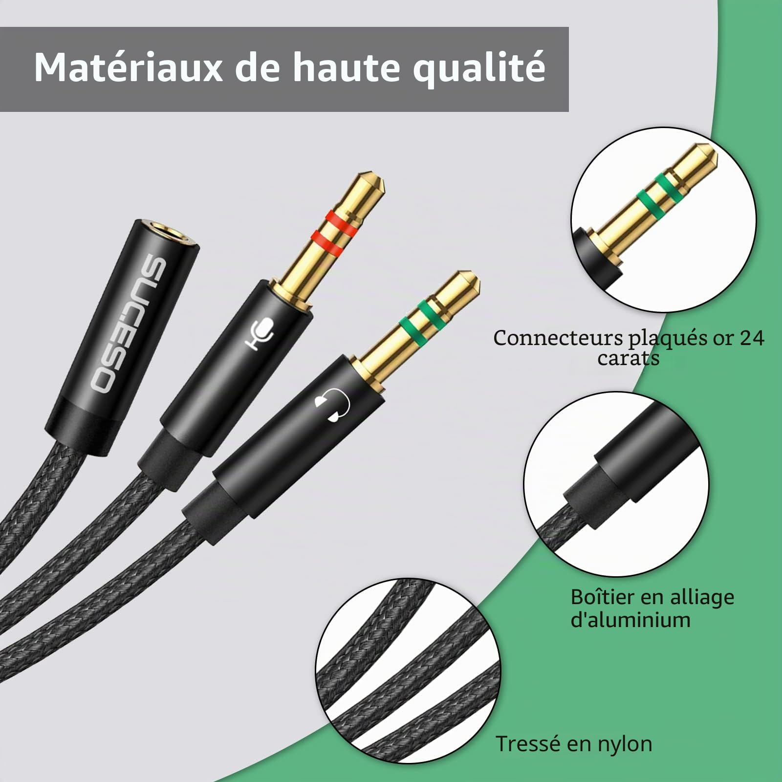 Adaptateur Jack Audio Stéréo 3,5mm Câble Nylon Tressé Splitter Y Femelle à 2 Mâle 35cm