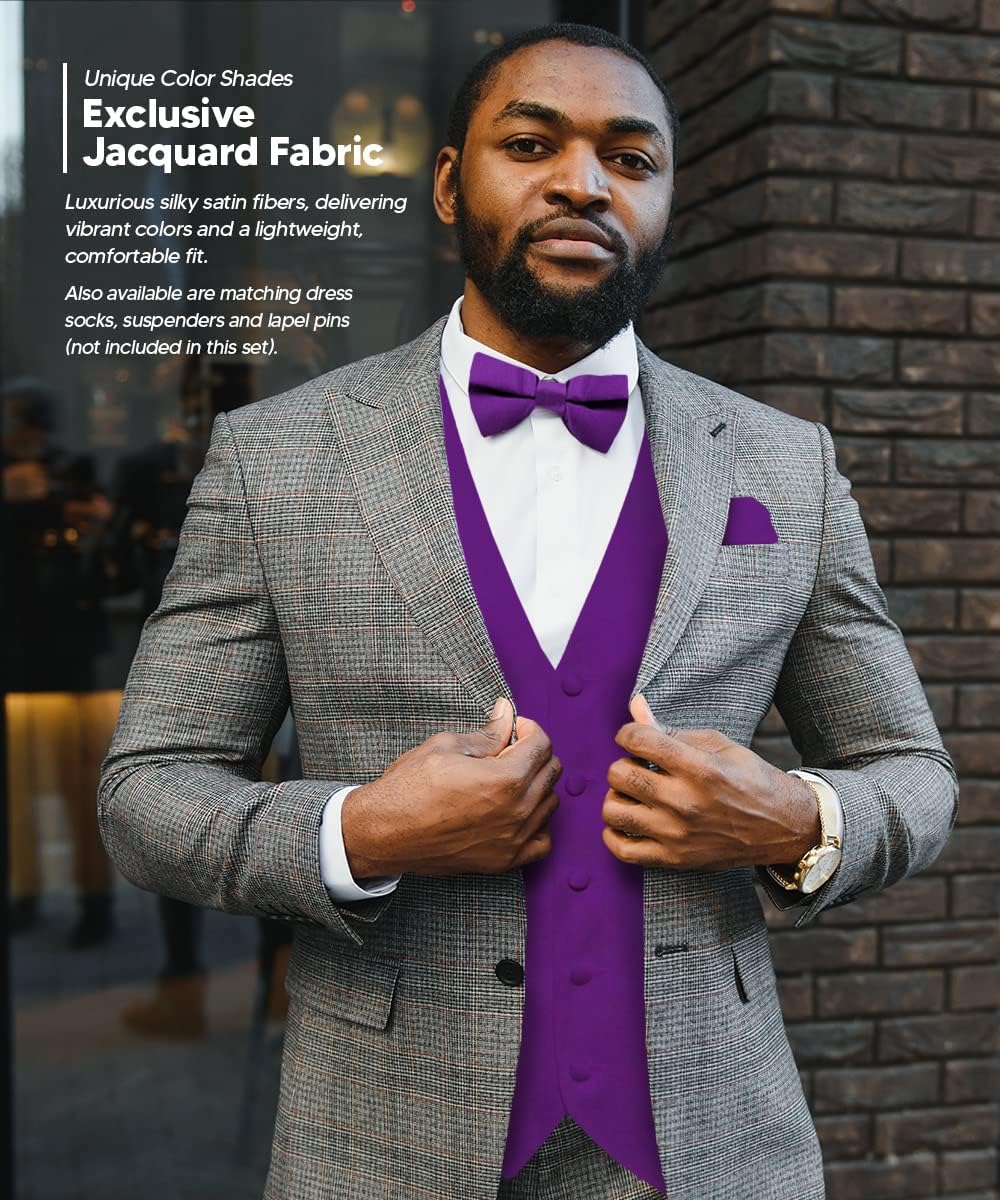 Solid Color Satin Suit Vest for Men Set of 4 - Vest, Tie, Bow Tie & Pocket Square (Black Back)