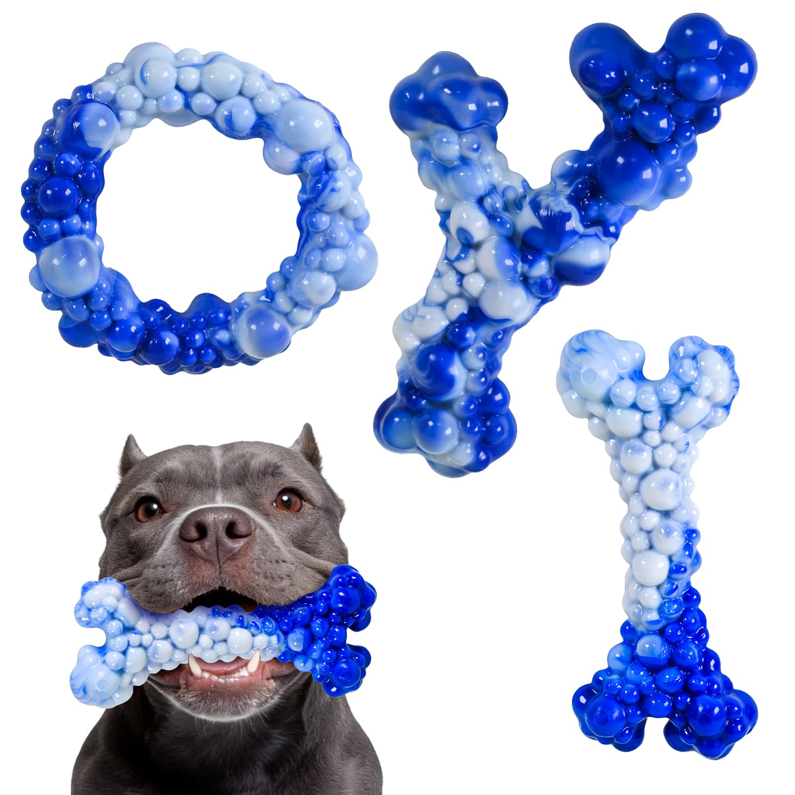 Baypetly 3Pack Dog Chew Toys for Aggressive Chewers, Indestructible Interactive Dog Chew Nylon Bone Toys for for Medium Large Breed 15-60lbs, Teething Toy to Keep Them Busy, Bacon Flavor Blue