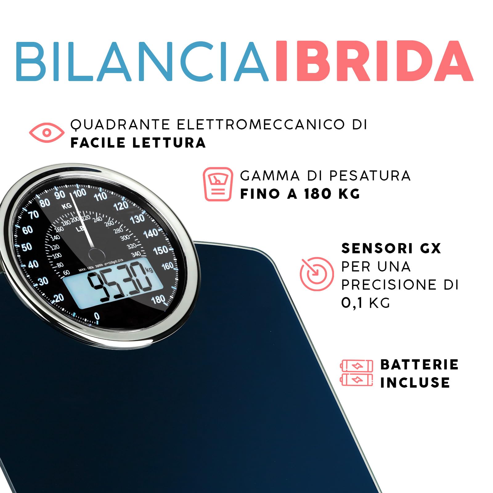 Bilancia Pesapersone Analogica e Digitale Ibrida Adamson 2 in 1 per Peso Corporeo fino a 180 kg - Vetro Spesso - Large Display - Bilancia Digitale di Facile - Blu con Retroilluminazione Nera