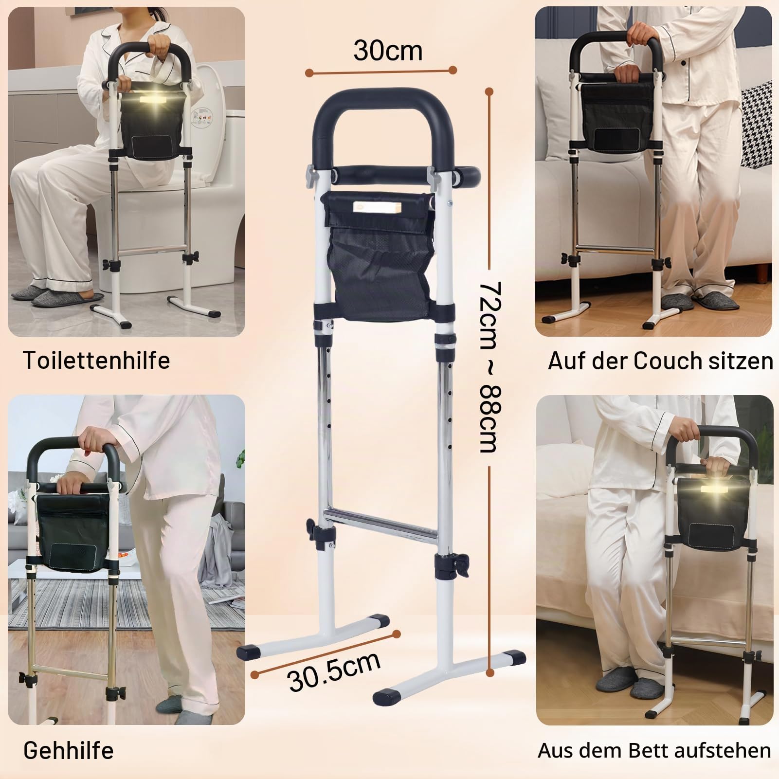 Aufstehhilfe Bett/Sofa/Toilette, Gehhilfe für Senioren, 5-Fach Höhenverstellbar, Stehhilfe mit Tasche und Sensorlicht, Max Tragfähigkeit 150 kg
