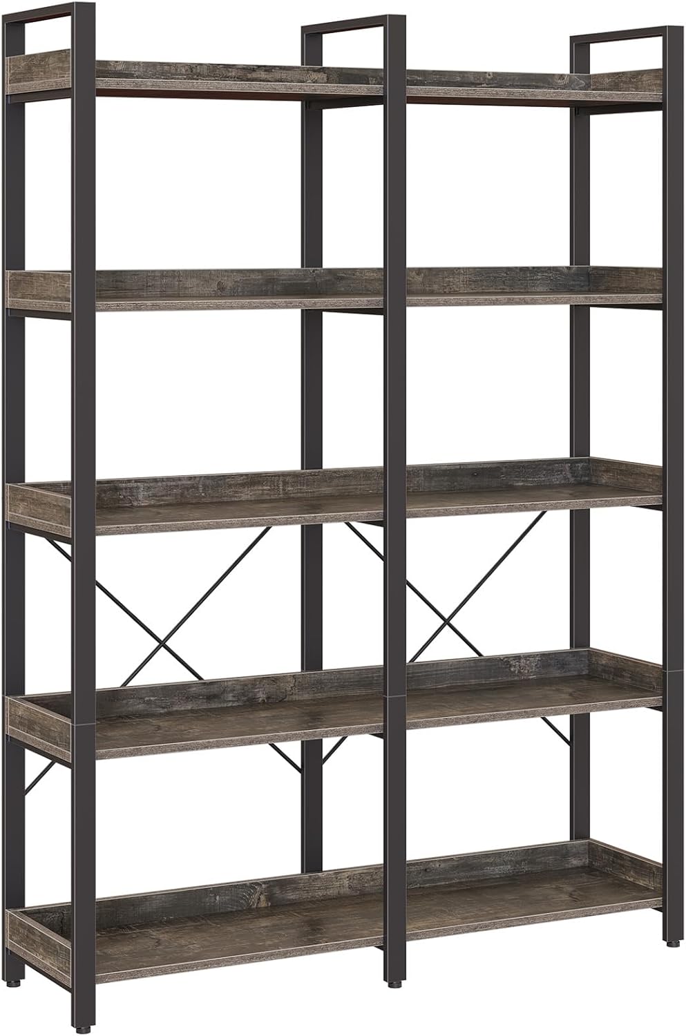 Seventable Bookshelf 5 Tier with 4 Hooks, 63” Industrial Wooden Bookcase, Vintage Storage Rack with Open Shelves, Rustic Standing Bookshelves Metal Frame 43.3” Wide Display Rack, Rustic Brown
