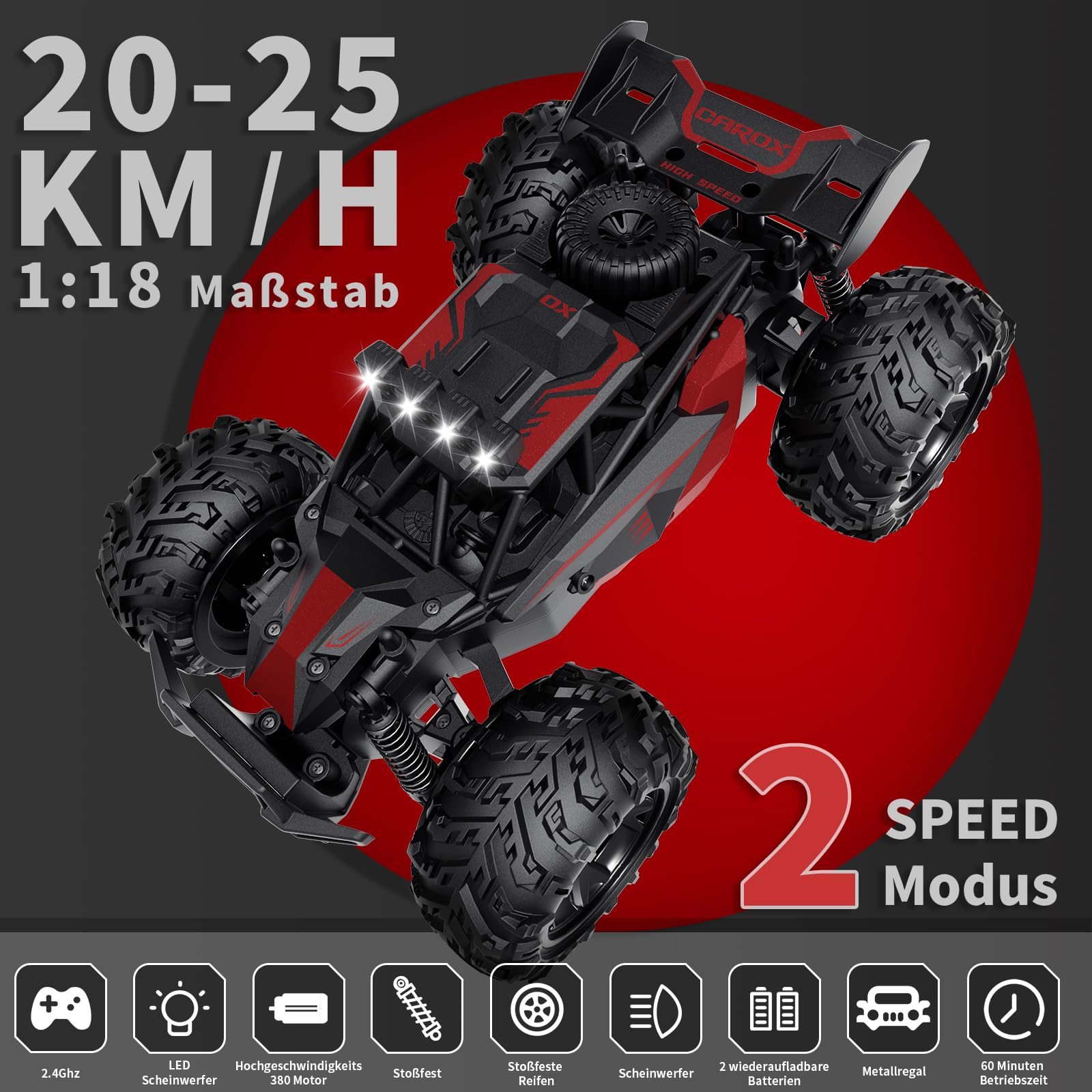 Carox ferngesteuertes Auto 2.4 GHz 25 km/h RC Auto 1:18 Off Road Monstertruck mit Scheinwerfer