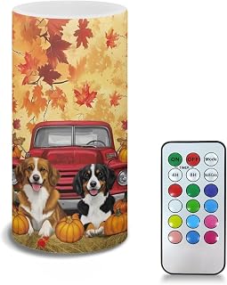 Flameless Candle Battery Operated Candles Fall Maple and Dog Led Candles Thankegiving Decor Gift Flickering 6” Pillar Candle Light for Dining Living Room Kitchen Bathroom Decor