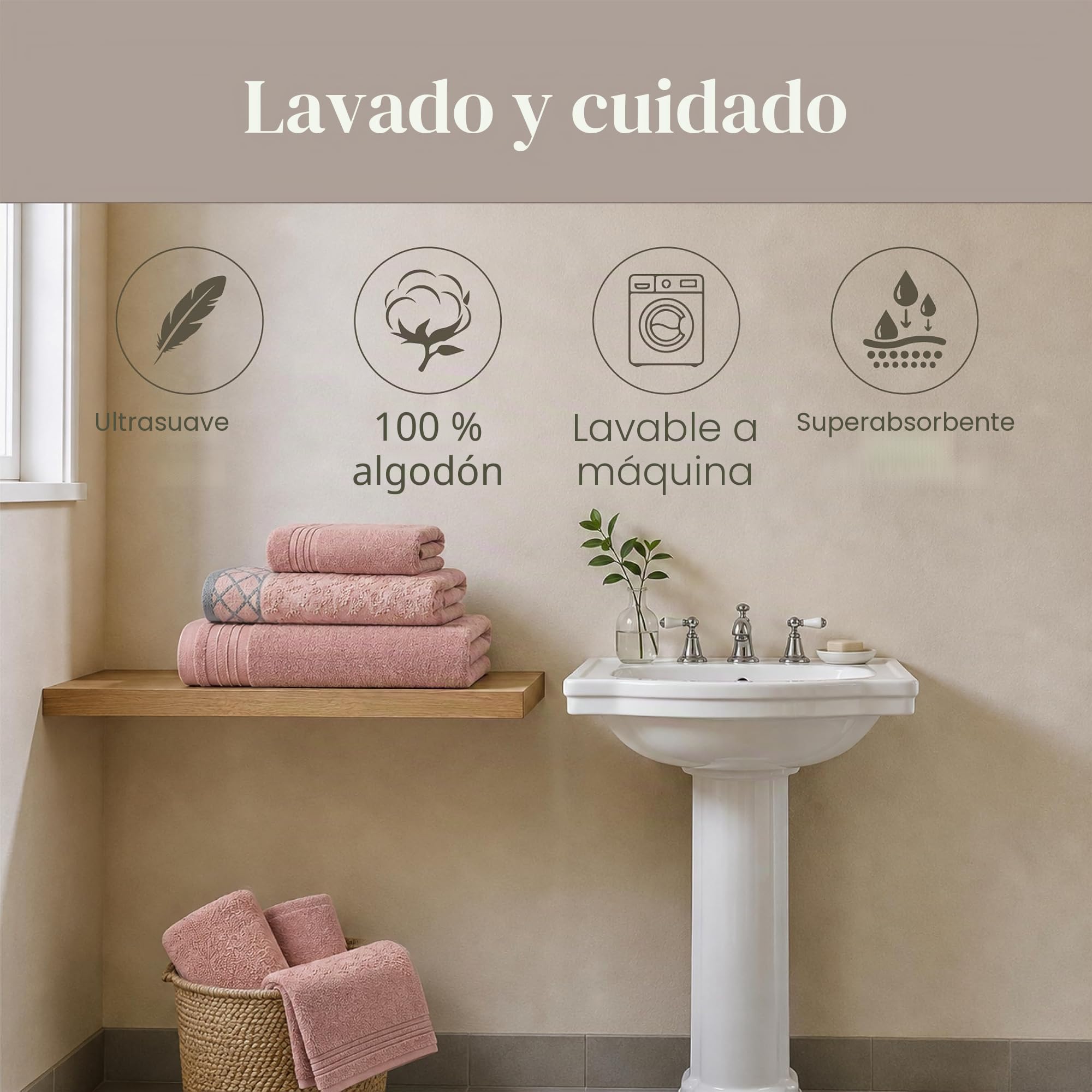 Costa del Pacífico Textiles Damasco Jacquard Toallas con Adornado Frontera, algodón, Peach, Juego de 6